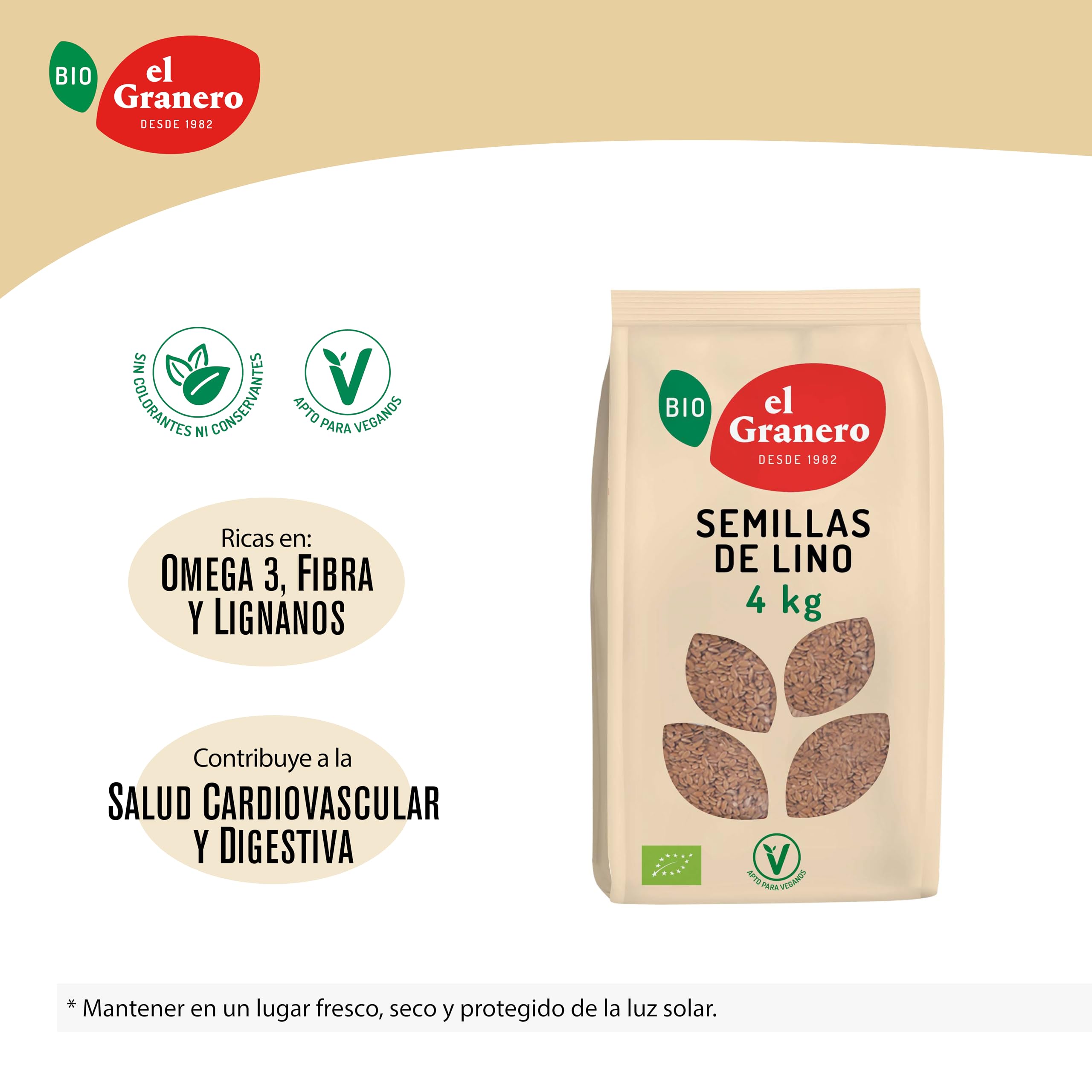 El Granero Integral - Semillas de Lino BIO - 4 kg - Fuente de Proteínas y Ácidos Grasos Omega-3 - Ricas en Fibra y Antioxidantes - Regulan el Azúcar en la Sangre - Aptas para Veganos