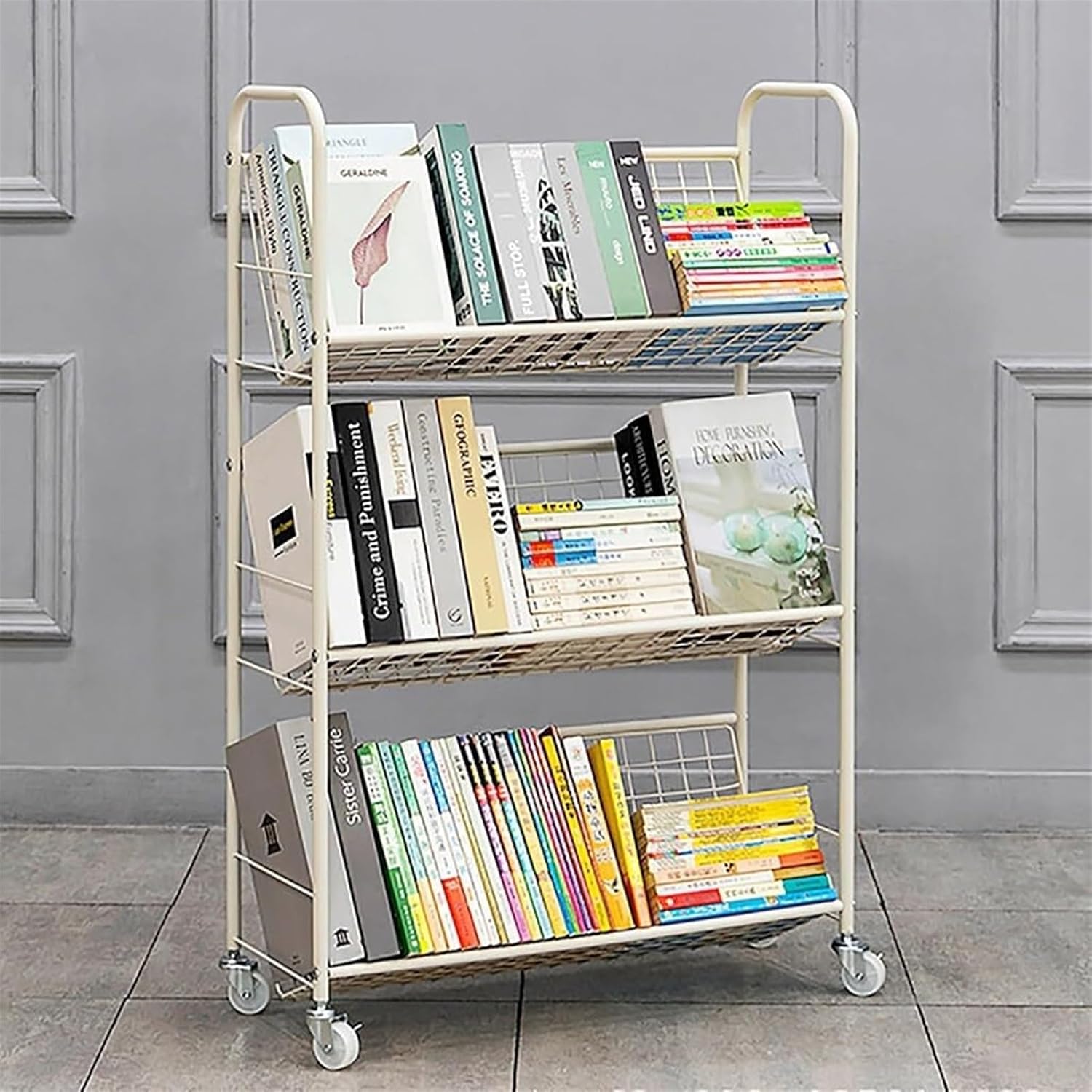 Rolling Book Cart, Moveable Bookshelf Organizer, Metal Shelving Book Carts with Wheels, Multifunctional Storage Trolley Bookcases for Office, Classroom, Library