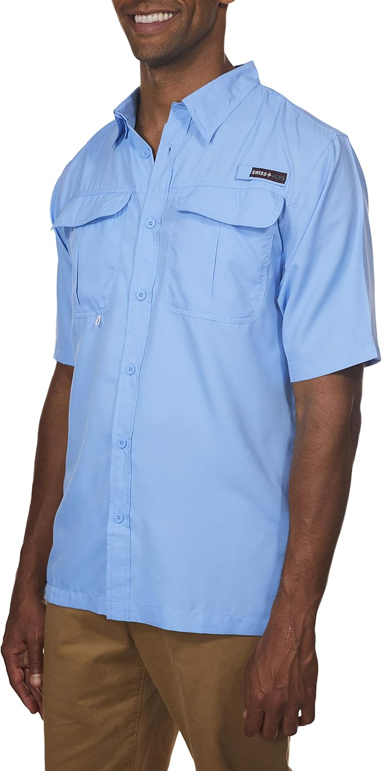 Swiss Alps Mens Short Sleeve Button Down Sun Protection UPF 30+Shirt Quick Dry Cooling Fishing Shirts Casual Summer Tops