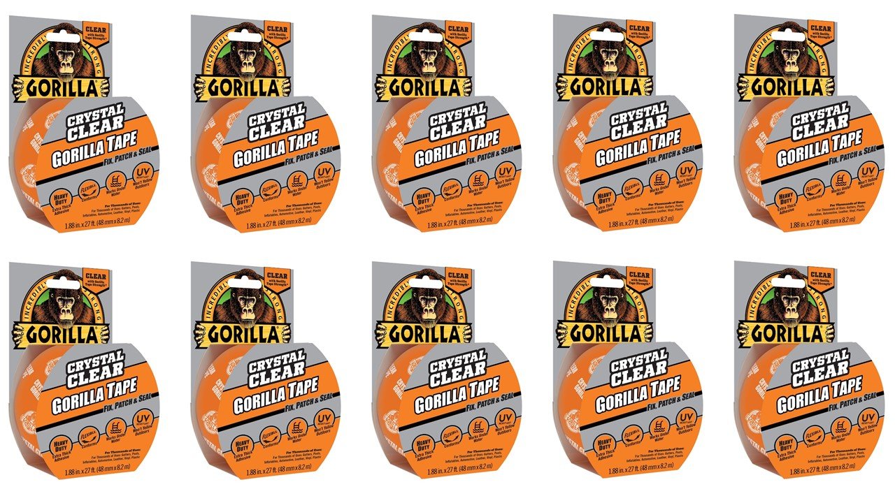 Gorilla Crystal Clear Duct Tape, 1.88" x 9 yd, Clear, (Pack of 10)