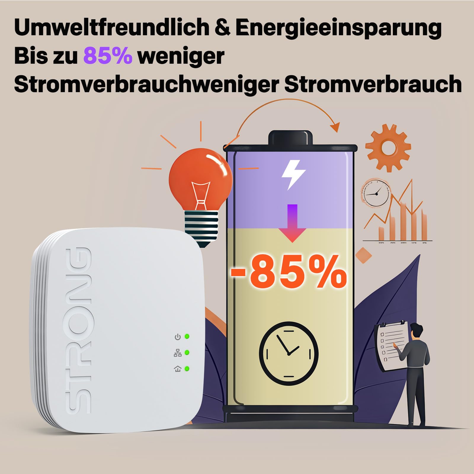 STRONG AV1000Mbit/s Powerline Adapter Set, HomePlug AV2 Powerline Internet Erweiterung, Plug & Play, EIN Knopf Sicherheit, Energiesparmodus, Gigabit LAN Ports, ideal für TV, PC, Gaming Konsole