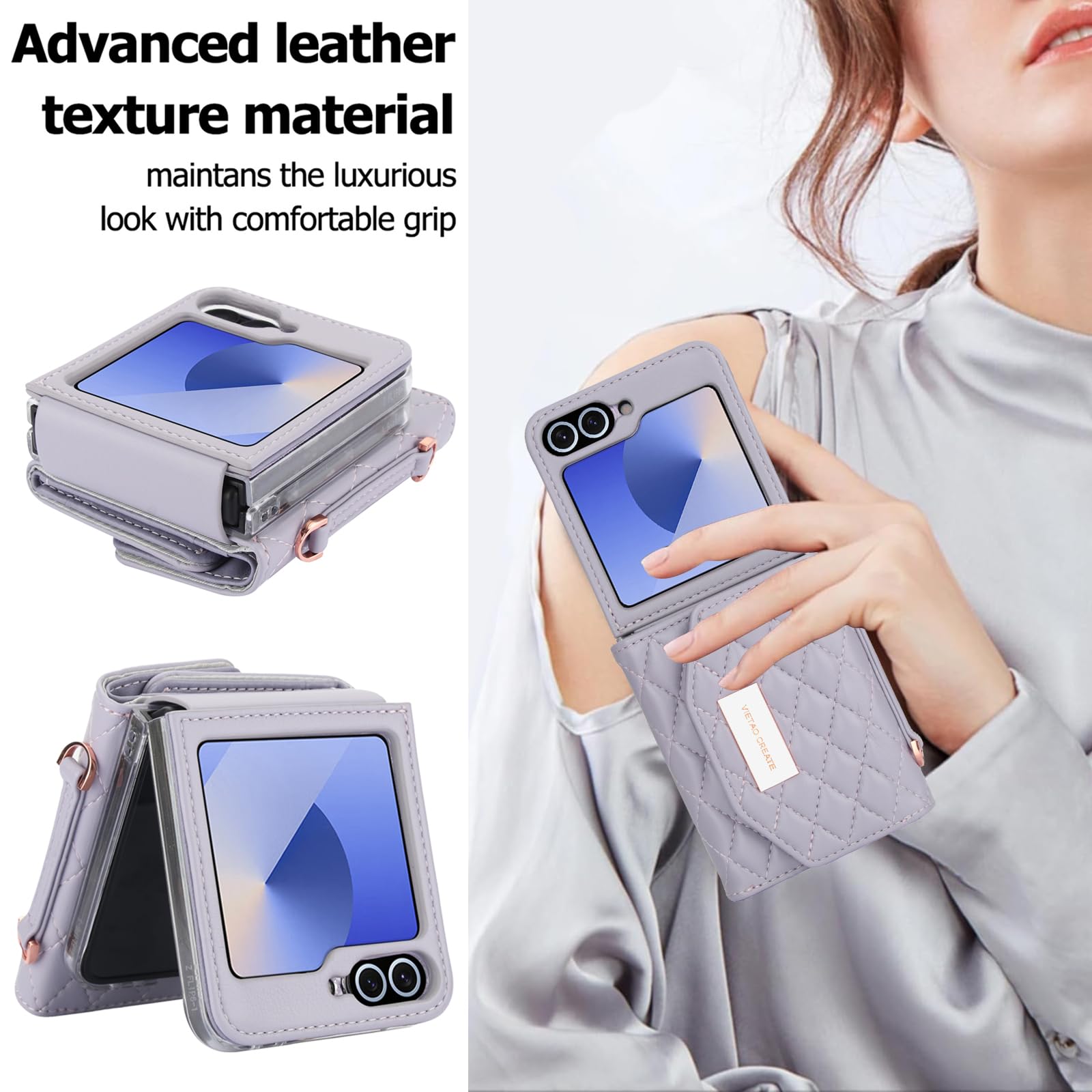 Etui portfelowe na telefon komórkowy Samsung Galaxy Z Flip 8 z wbudowaną skórzaną przegródką na gotówkę i uchwytem na karty kredytowe, regulowany pasek crossbody, ochrona zawiasów dla kobiet i