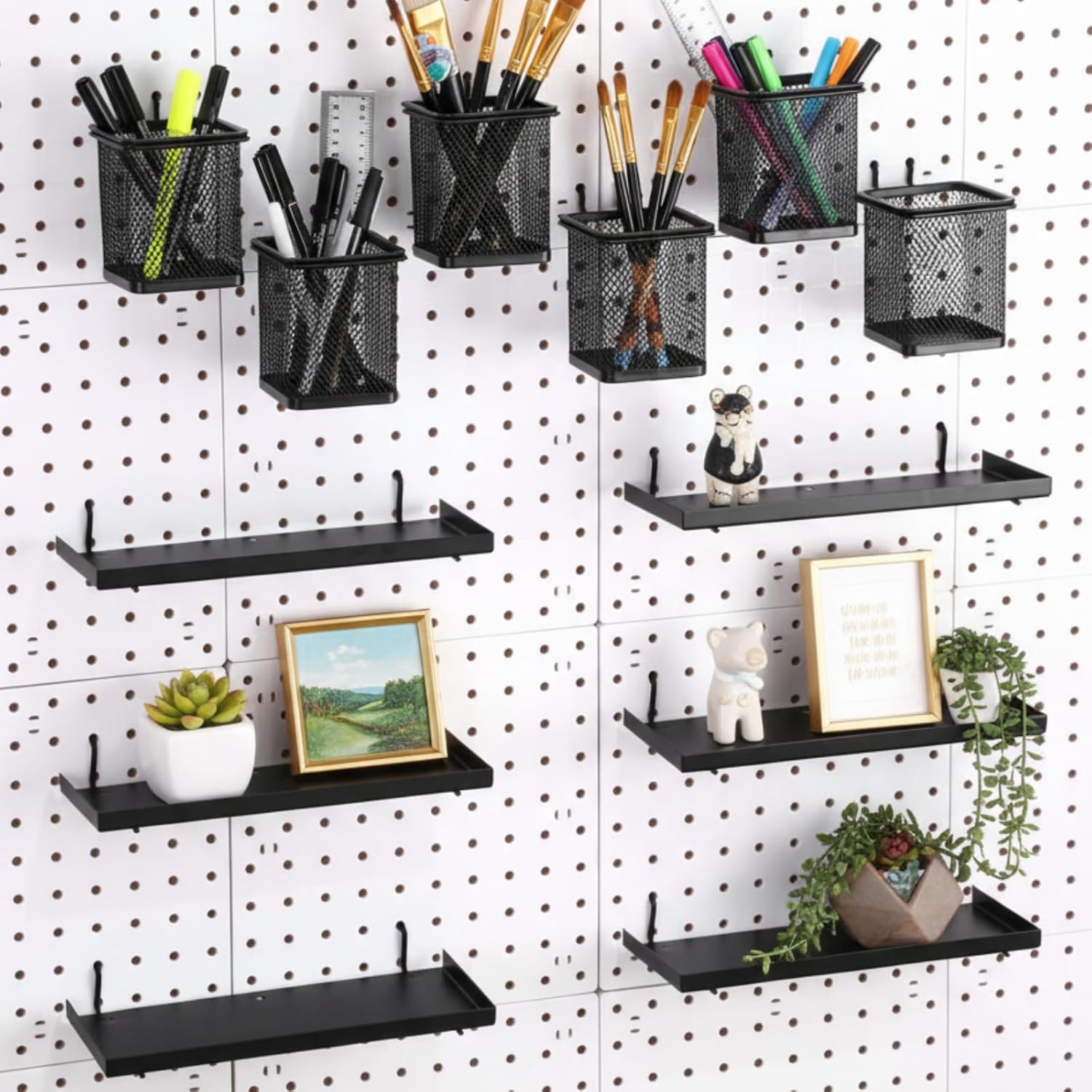 12 Pack Pegboard Organizer Accessories - 6 Pegboard Cups Pencil Holder Peg Board - 6 Shelves Metal Shelf Brackets - Tools Storage Arrange System Kit for Office Garage Room