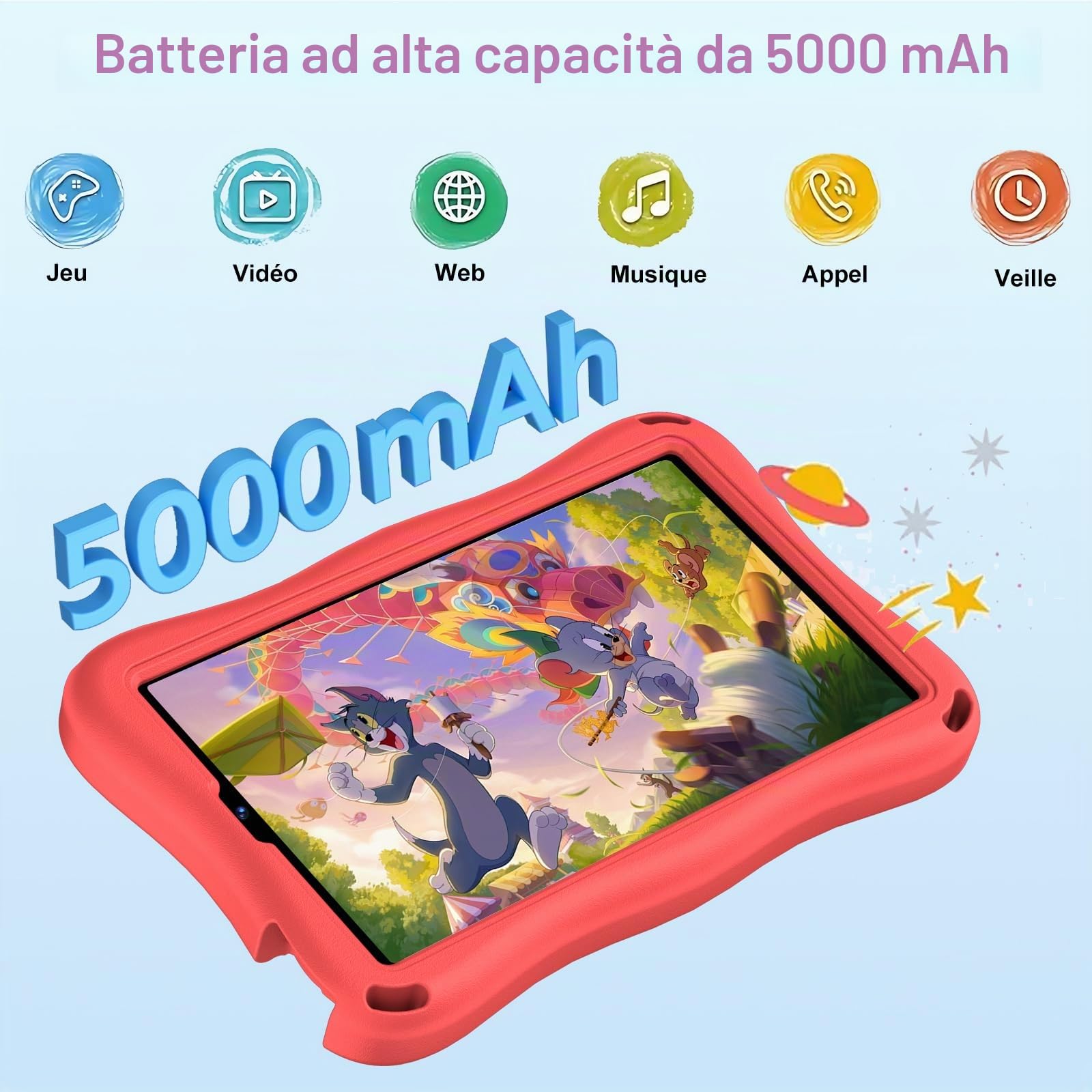 S11 Tablet per bambini 9 pollici Android 15 con 12 GB di RAM + TF 1 TB, 5G WiFi, Widevine L1, Octa-Core, 5000 mAh, controllo genitoriale, 1340 x 800, BT 5.0, per bambini con custodia Eva -Red