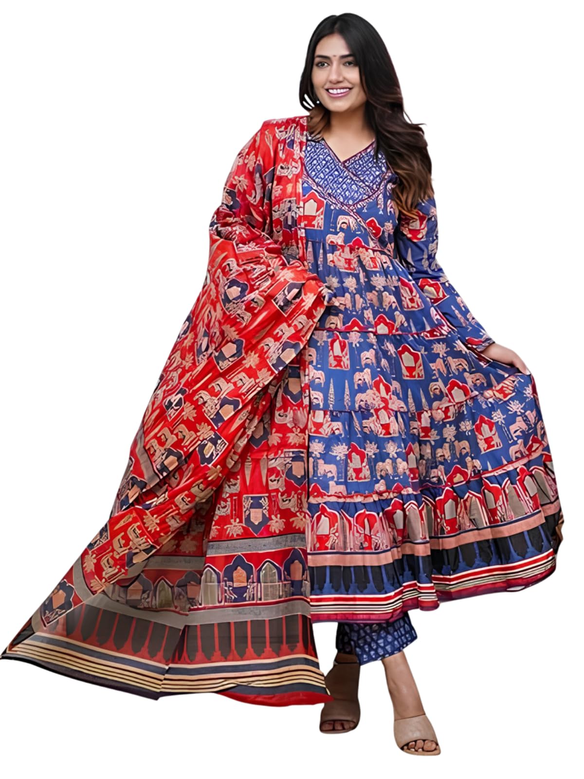 greciilooks Women's Rayon Anarkali Printed V- Neck Kurta with Palazzo & Dupatta | Ethnic Set | Dupatta Set | Suit Set | Kurta and Pant Set-picture-13