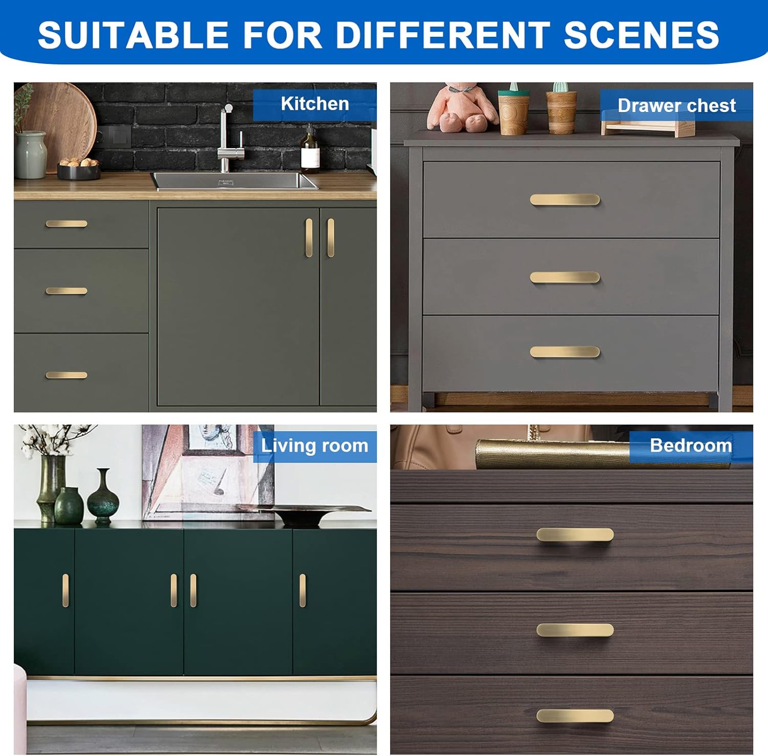 WEAVERBIRD 4 Pack Brushed Brass Cabinet Handles Drawer Pulls Furniture Cabinet Hardware Cupboard Closet Gold Handles Pulls, 3-3/4 inch (96mm) Hole Distance
