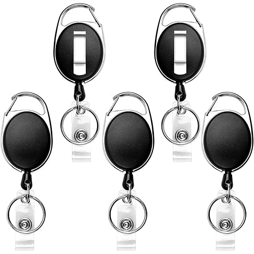 Teskyer Badge Reel, 5 Pack Retractable Badge Holders with Carabiner Belt Clip and Key Ring for ID Card Holder and Keychain