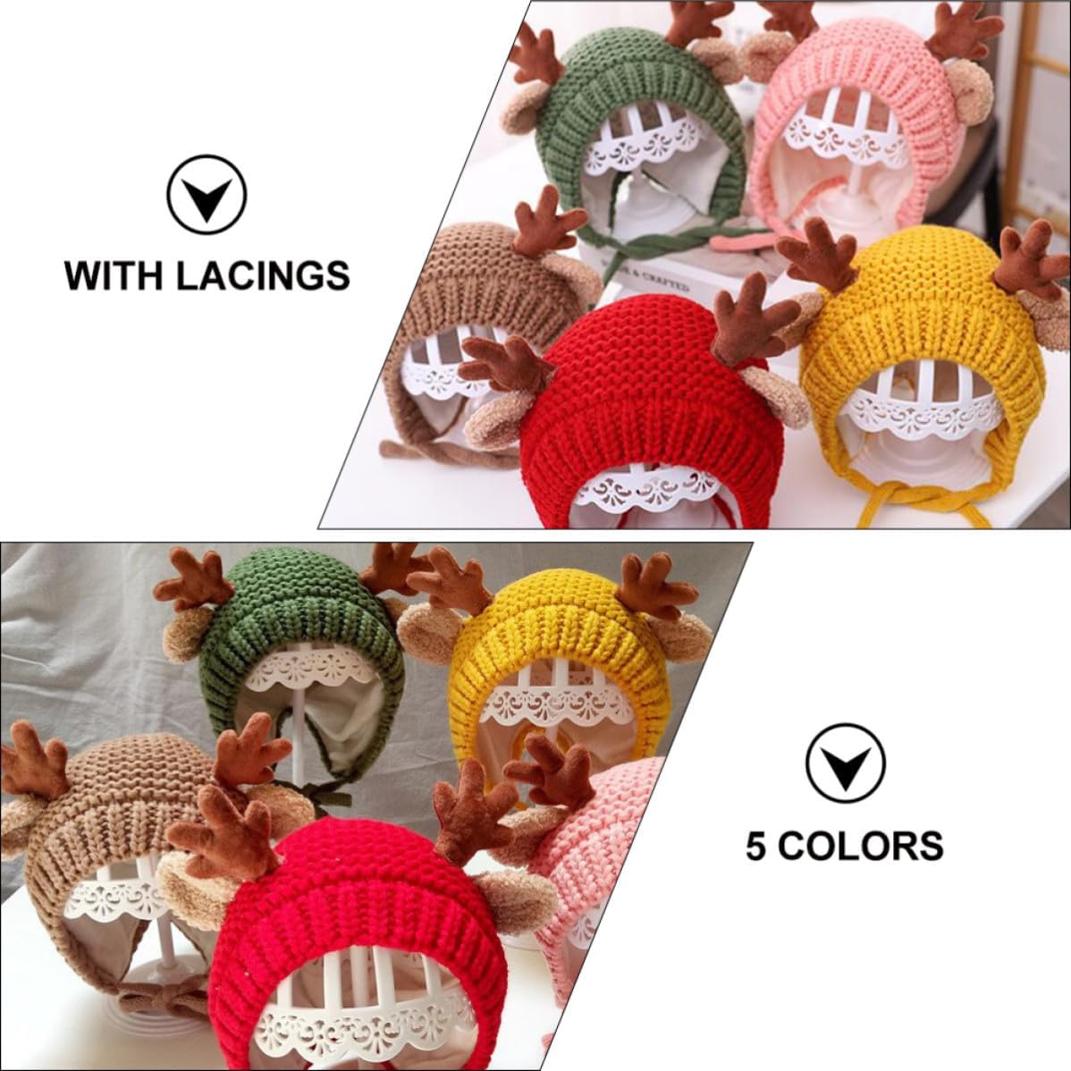 Winter Knitted Hat with Antlers for Boys, Knitting Wool Material with Thick Fleece Lining, Warm Christmas Outdoor Cap for Autumn and Winter Photo Prop Yellow