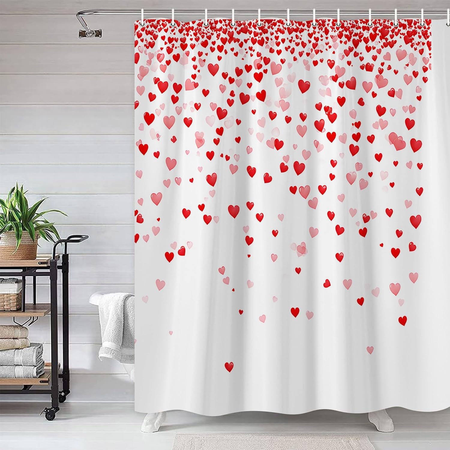 Valentine's Day Shower Curtain Lovely Red Heart Fallen Groovy Hearts Pattern Polyester Fabric Bathroom Decor 70×96 Inch with Hook