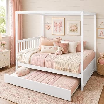 NAFORT Full Size Canopy Bed with Trundle, Solid Wood Daybed Frame for Kids and Teens, Heavy-Duty 600 lbs Support, Space-Saving Guest Bed for Bedroom or Apartment