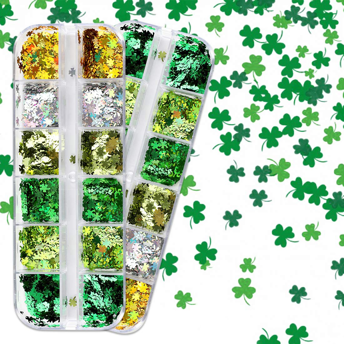 24 Boxes St. Patrick’s Day Clover Nail Sequin Shamrocks Nail Art Glitter Sequins Nail Art Decorations 3D Nail Art Flakes Acrylic Manicure Laser Holographic Nail Sparkle Glitter DIY Accessories