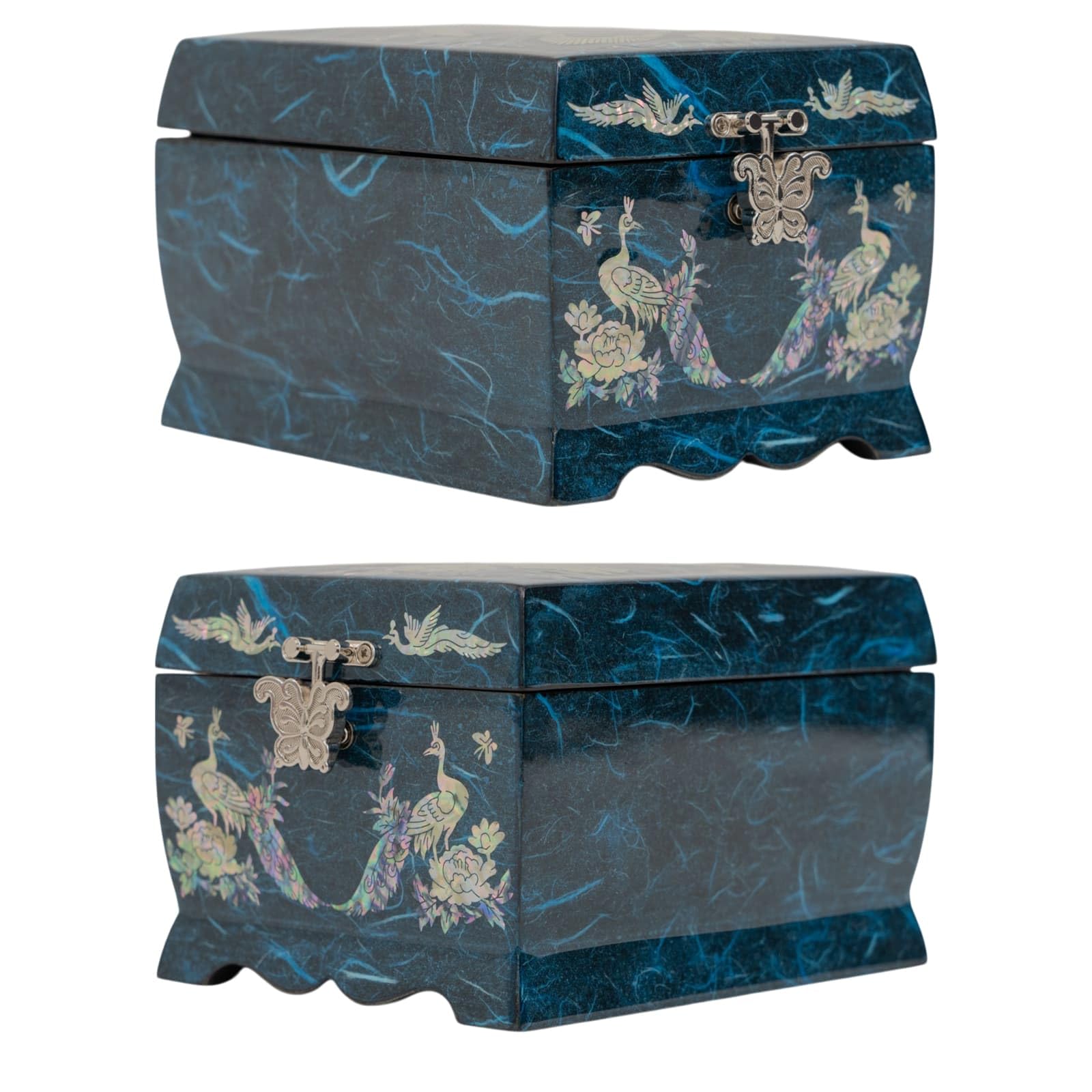 February Mountain Joyero musical de madreperla con espejo y soporte para anillos, caja de música, organizador de joyas tocando melodía Arirang, caja de joyería de pavo real, regalo para mujeres