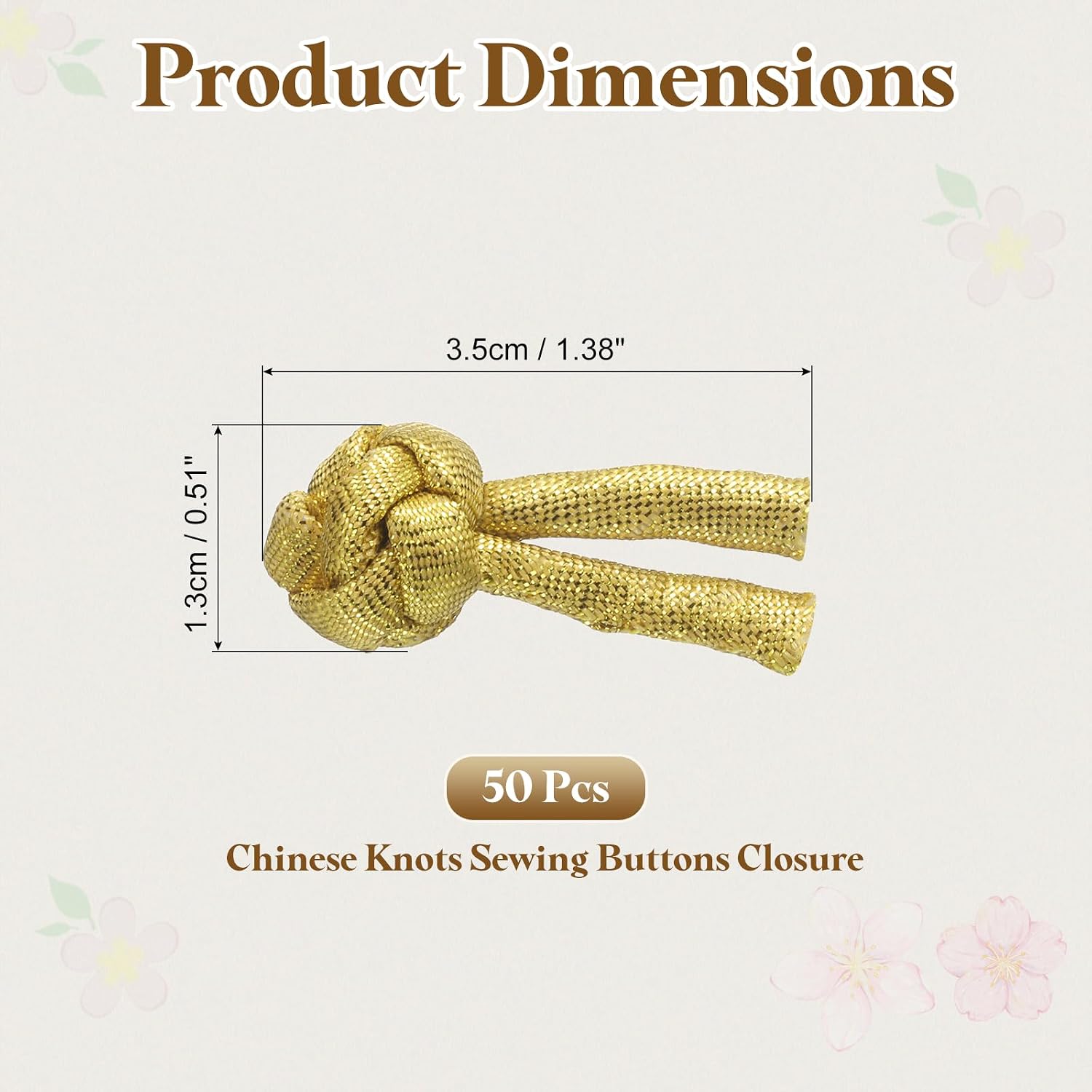 uxcell 50Pcs Chinese Knots Sewing Buttons Closure, Fabric Ball Buttons Frog Button Sewing Fasteners Knots for DIY Costumes Outfit Cheongsam Tang Suit, Gold
