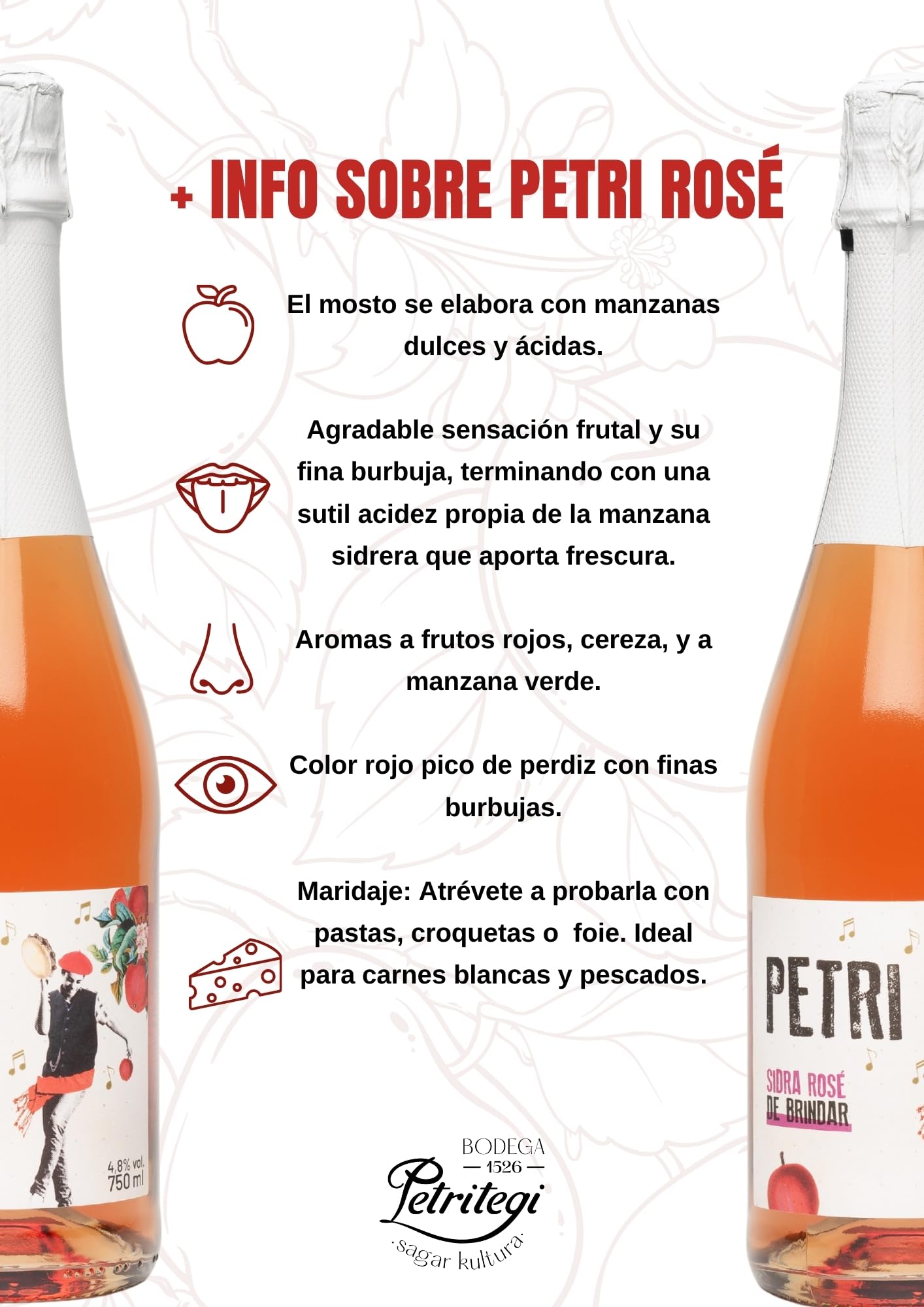 Petritegi Sidra Petri Rosé Pack 6 x 750 ml | Sidra Artesanal de Astigarraga | Sabor Frutos Rojos y Manzana Verde | Vegana sin Gluten | 4.8% Vol