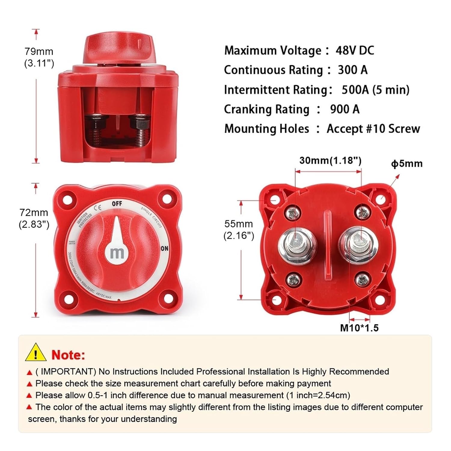 Car RV Marine 12V-48V 100A-300A Boat Single Circuit Battery Selector Isolator Disconnect Rotary Switch Cut