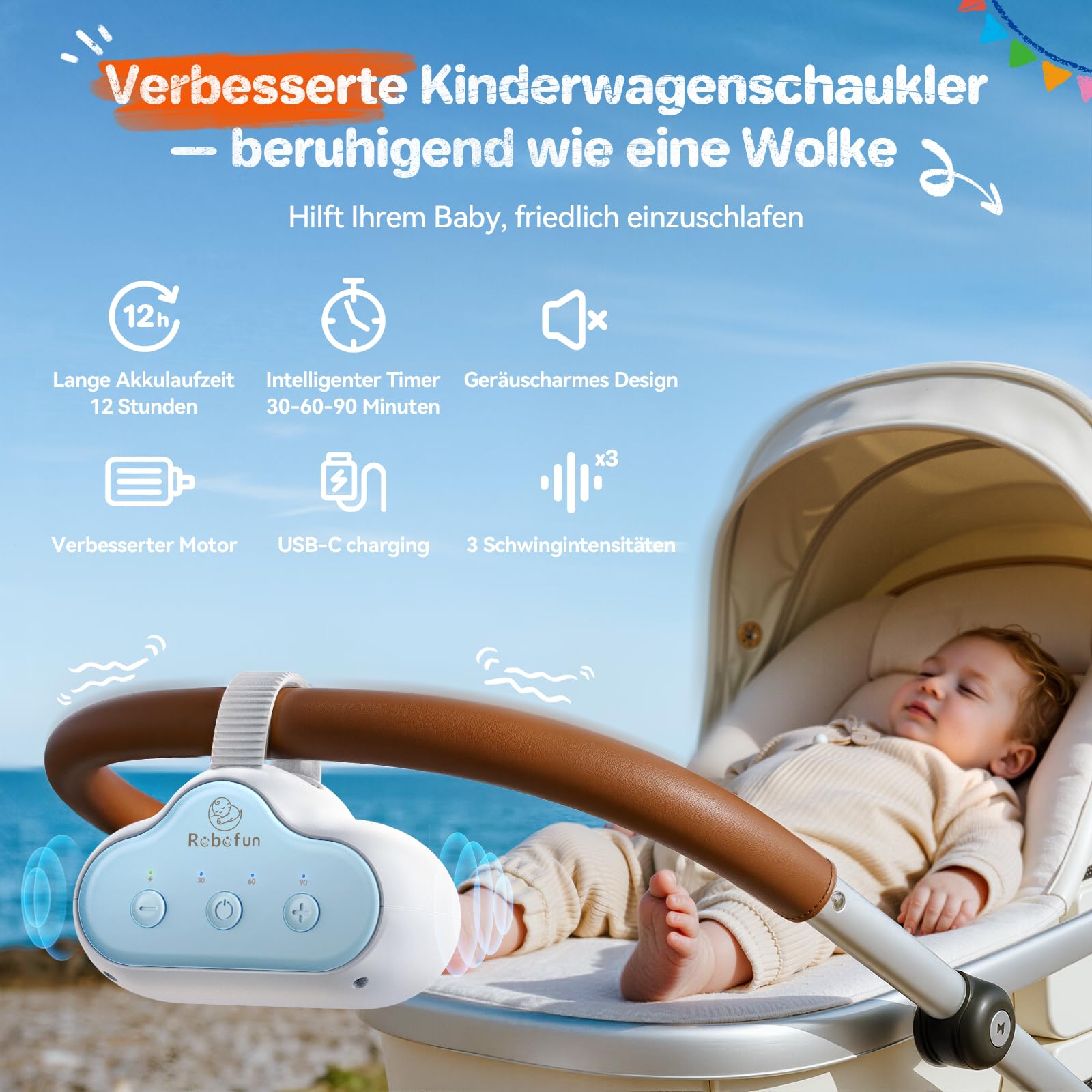 Kinderwagenschaukler Ultraleise Mit Timer - Einschlafhilfe Fr Baby  Kinderwagen 3 Stufen White Ultraleise Schlafhilfe Baby