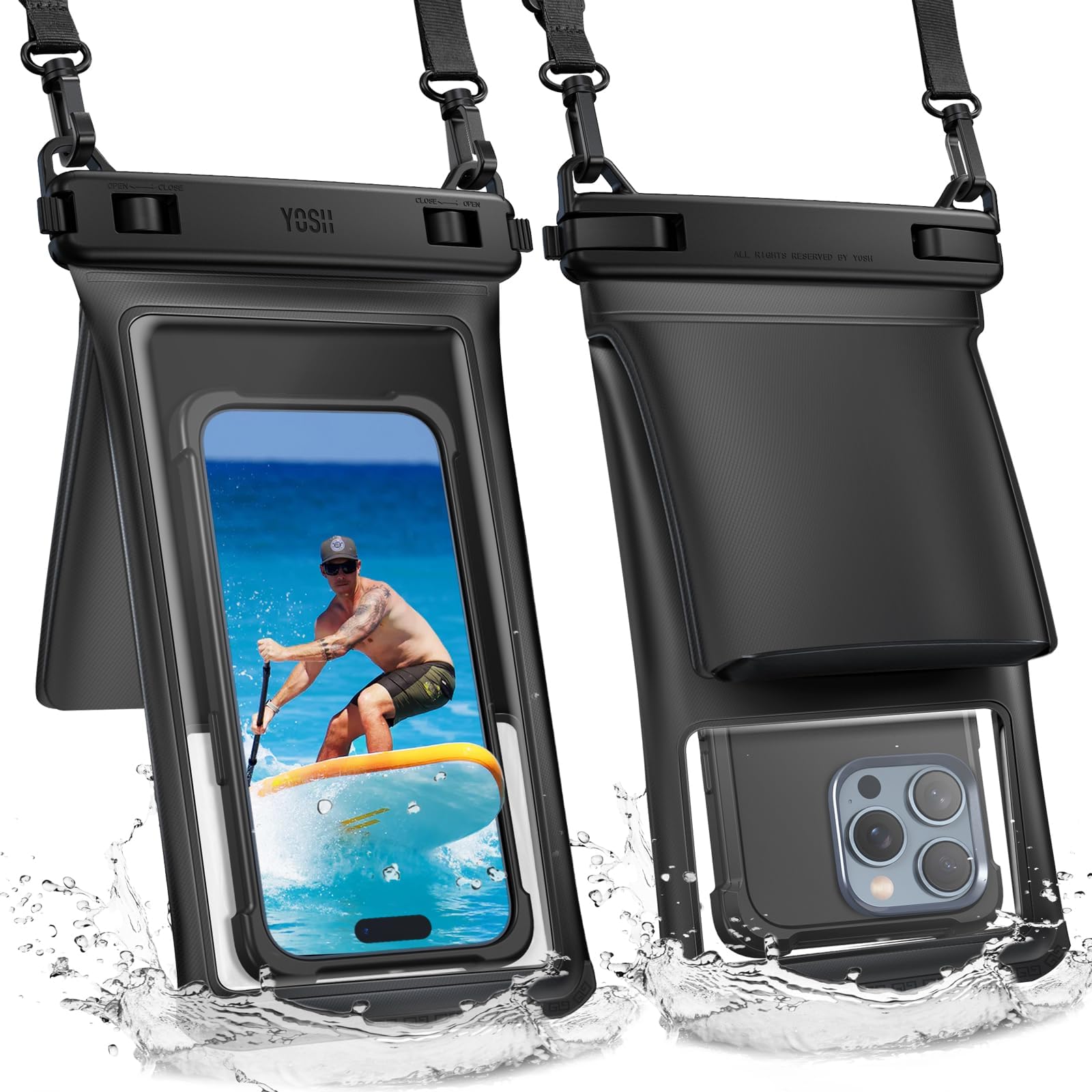 YOSH 2 Stück wasserdichte Handyhülle [3D Doppelte Taschen], 7,5 Zoll IPX8 Wasserfeste Handyhülle, wasserdichte Handytasche für Schwimmen, Waterproof Phone Case für iPhone 17 16- Kristallblack