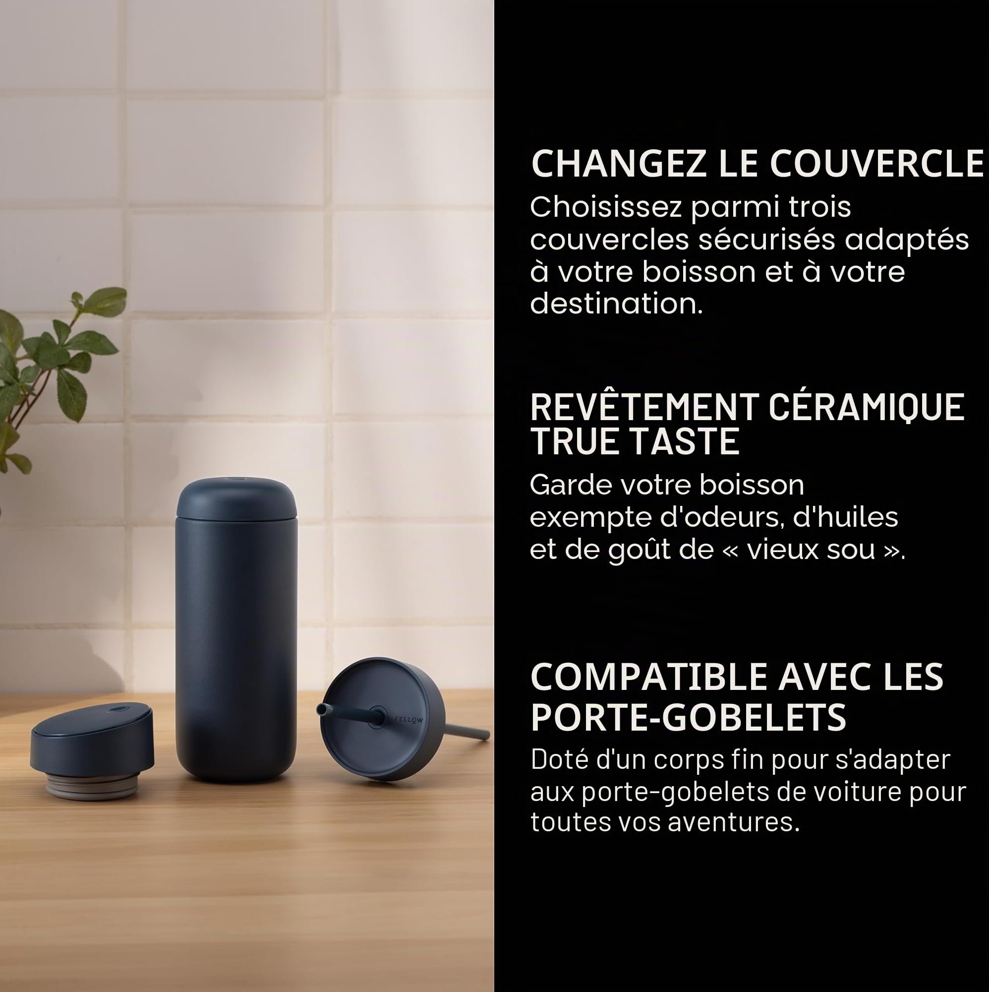 Fellow Tasse de voyage 3 en 1 avec fermeture coulissante, couvercles Move & Cold avec paille – Tasse à café à emporter – Intérieur en céramique et acier inoxydable isolé sous vide – Tasses à café