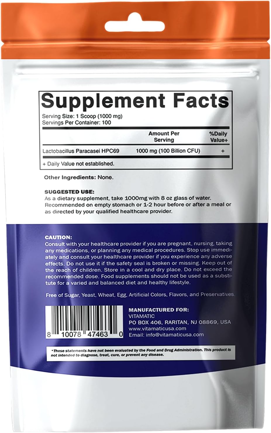Vitamatic Lactobacillus Paracasei Probiotic Powder - Digestive Health Support - 100 Gram (3.5 OZ) - 100 Servings