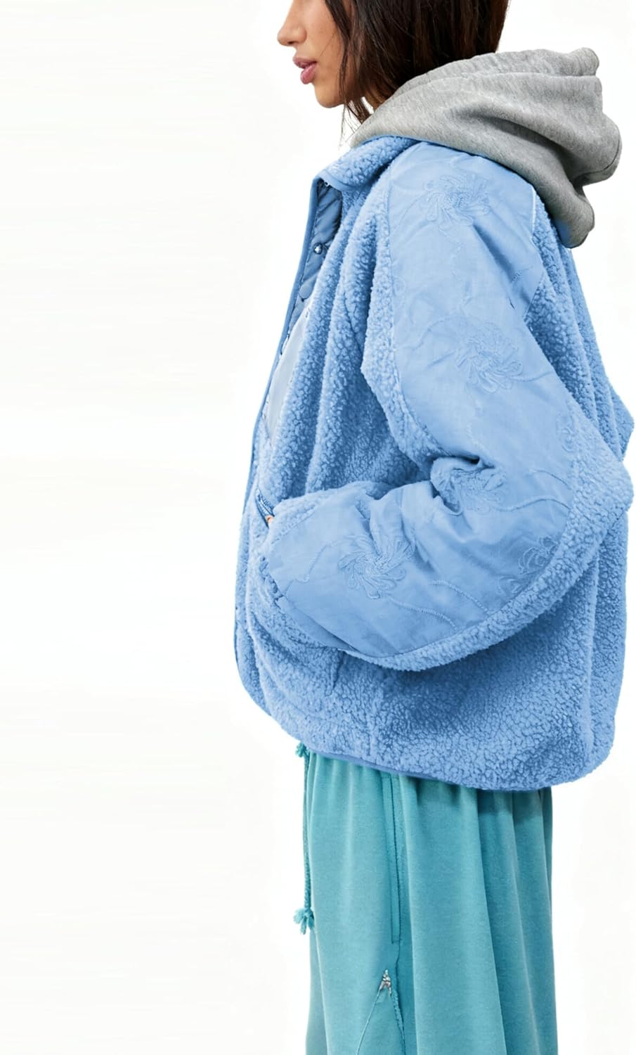 Women’s Quilted Sherpa Jacket Snap Front Coat with Pockets | Delicate Lace Sleeve Detail