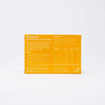Vocalzone Throat Pastilles Honey & Lemon 24 - For Sore Throats and Hoarseness When Overusing Your Voice. Produced and sold in the United Kingdom since 1912