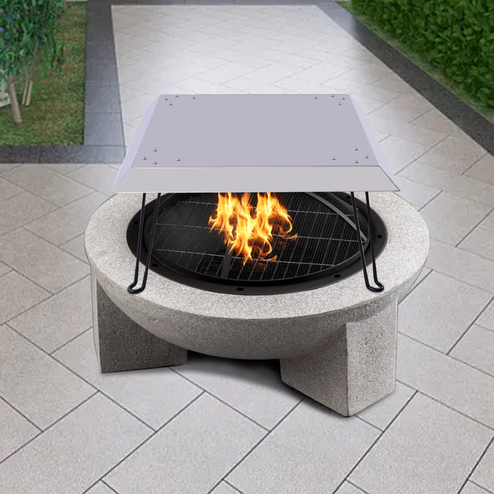 Fire Pit Heat Deflector, Quadratische Feuerstelle Hitzeabweiser mit Klappbaren Beinen, Edelstahl Feuergrube Abdeckung Feuergrube Deckel