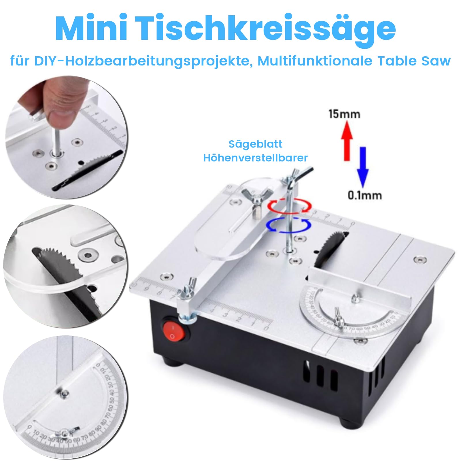 Mini Tischkreissäge für DIY-Holzbearbeitungsprojekte,7-Gang-Netzteil Einstellbarer,Tischkreissägen Tragbare Präzisions Table Saw 0,1-15mm Sägeblatt Höhenverstellbarer, Arbeitserleichterung für Jeden
