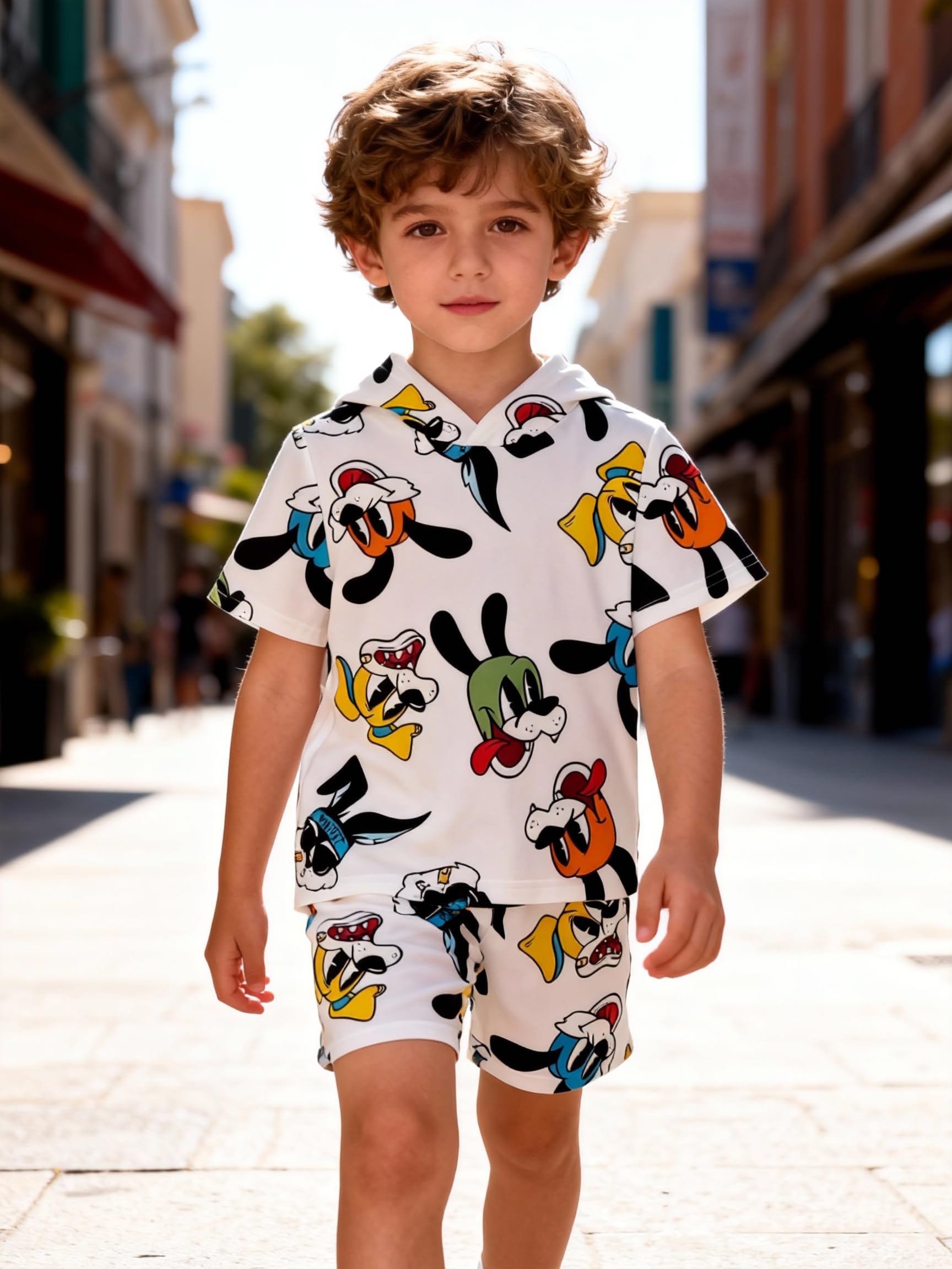 Conjunto de 2 piezas con estampado de dibujos animados, camiseta de manga corta con capucha y pantalones cortos para niños y niñas, ropa casual de verano