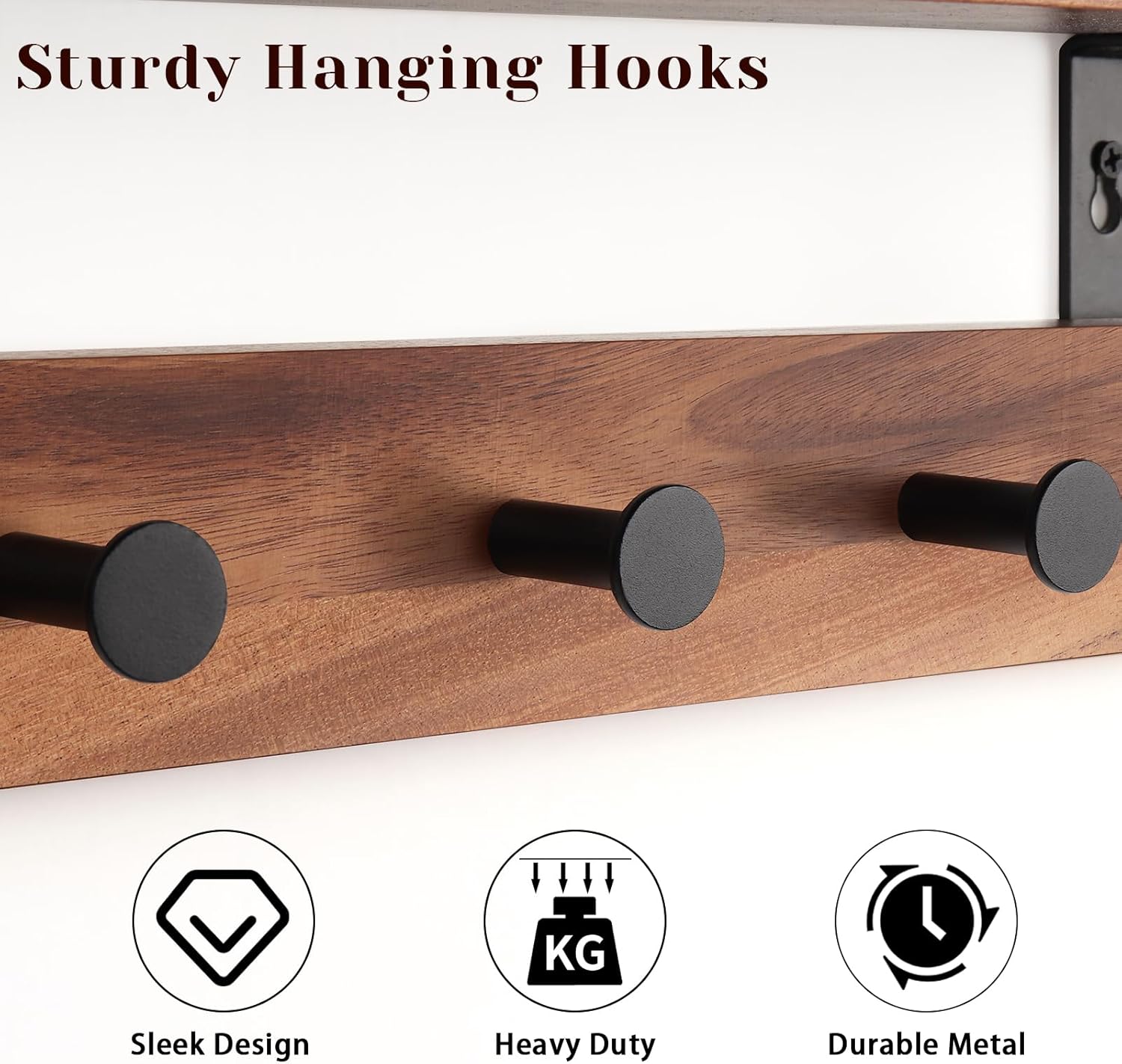 Coat Rack Wall Mount with Shelf, 22" Walnut Wood Wall Shelf with Hooks, Entryway Floating Coat Rack with 6 Metal Hangers for Coats, Backpacks, Living Room, Bedroom, Bathroom (Brown-22'' L)