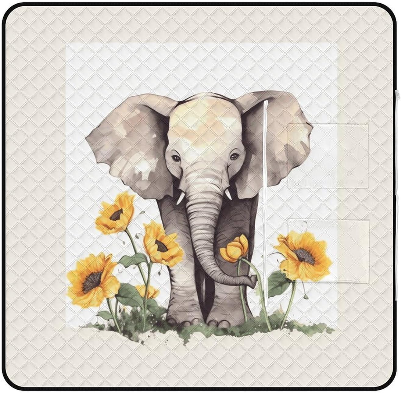 Elephant and Sunflower Picnic Blanket with Zipper Water Resistant Sand Free Picnic Mat Washable Foldable Easy Carry Beach Blanket for Lawn Beach Hiking Camping