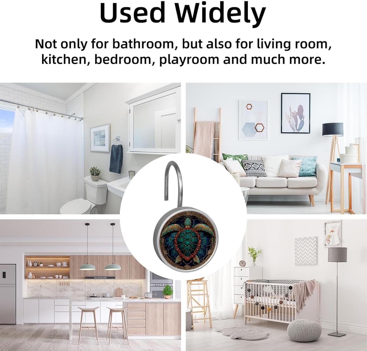 Sea Turtle Mandala Shower Curtain Hooks, Rust Resistant Crystal Glass Shower Hooks for Bathroom, Glide Shower Rings for Shower Curtain,Liner,Rod-12 Pack