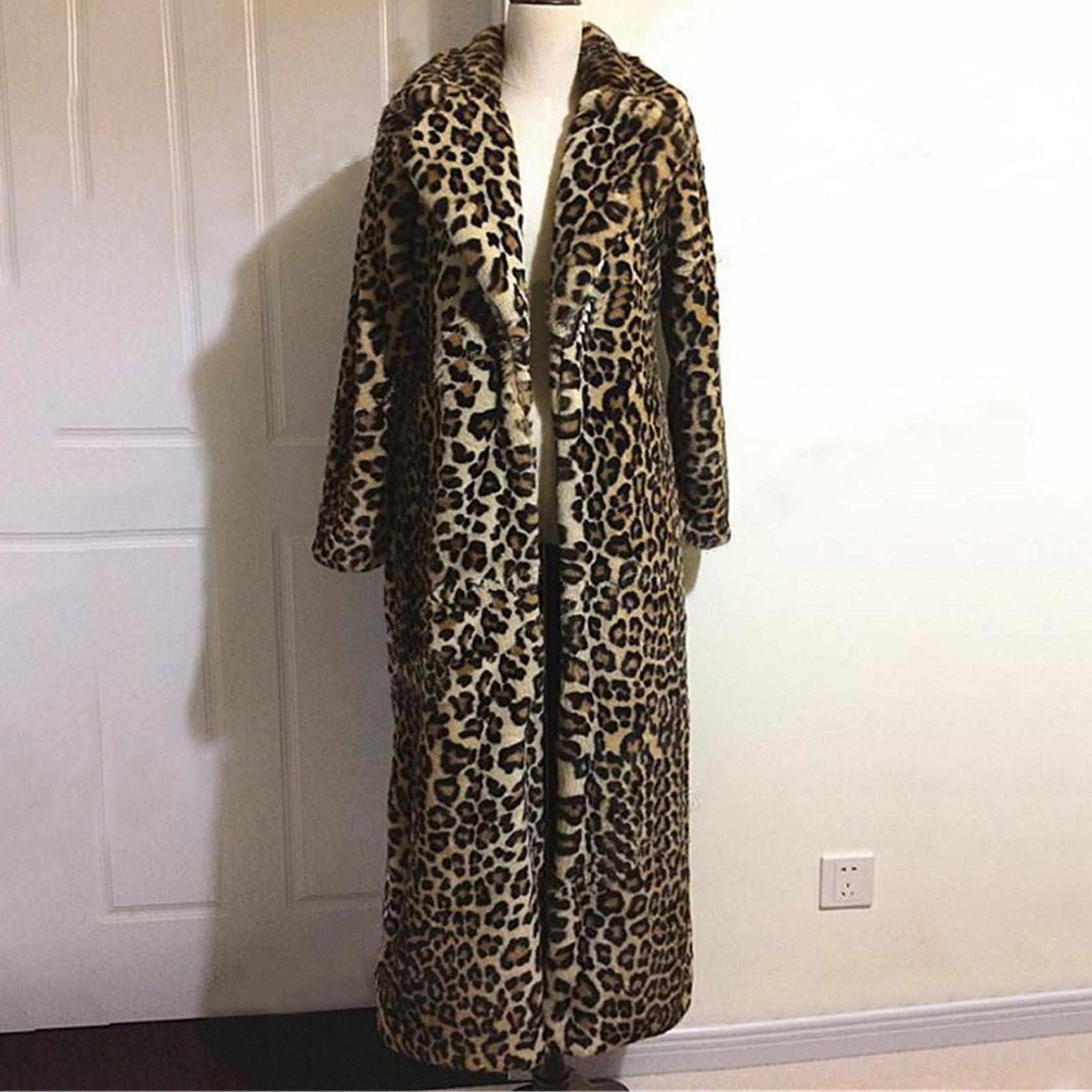 Leopard Felljacke Damen Extra Lang Mode Revers Kunstfell Jacke Dicke Warm Wintermantel Flauschiger Bequemer Fleecejacke Elegant Kunstpelz Mantel Herbst Winter Übergangsjacke Locker Pelzjacke