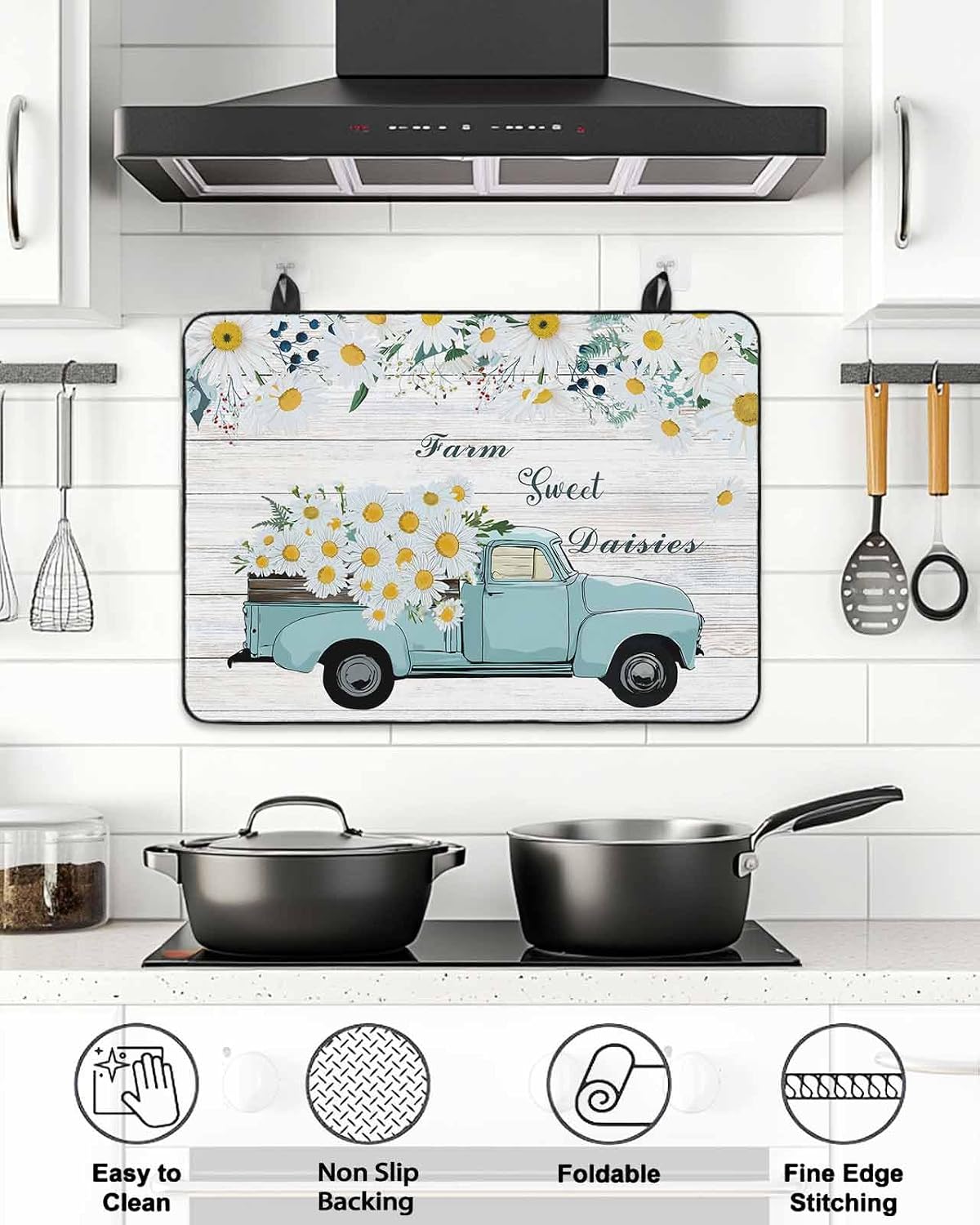 Stove Cover for Electric Stove 24x21 Inch Daisy Teal Truck Stove Top Cover Flowers Leaf Wood Grain Glass Cooktop Covers Anti-Slip & Heat Resistant Countertop Protector Home Kitchen Decor