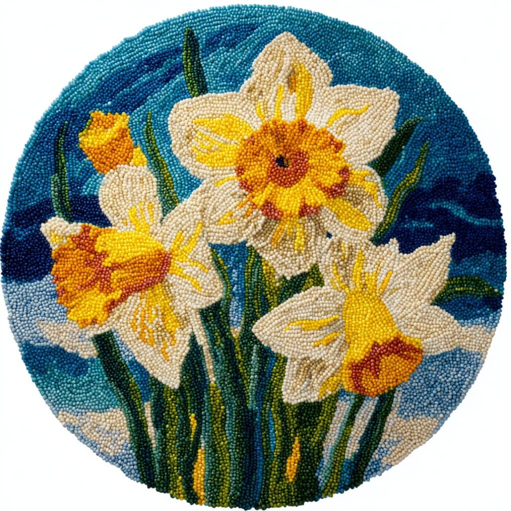 kitphoenix Round DIY Latch Hook Rug Kits Daffodils 20X20Inch (50X50Cm) Easy for Beginners Round Carpet Crochet Yarn Craft Large Rug Hook and Latch Tapestry for Home Decor