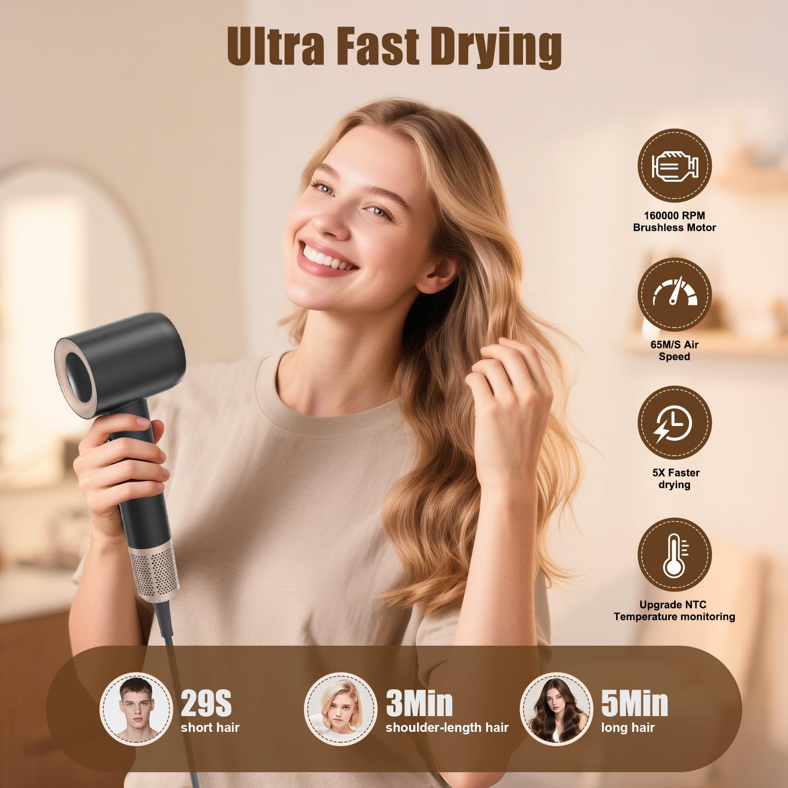 Secador Pelo Profesional con Difusor y Boquillas, 59 dB de Ruido Bajo Secador Pelo Ionico, Motor Sin Escobillas de 160.000 RPM, Hair Dryer con 4 Temperaturas y 2 Velocidades, Negro