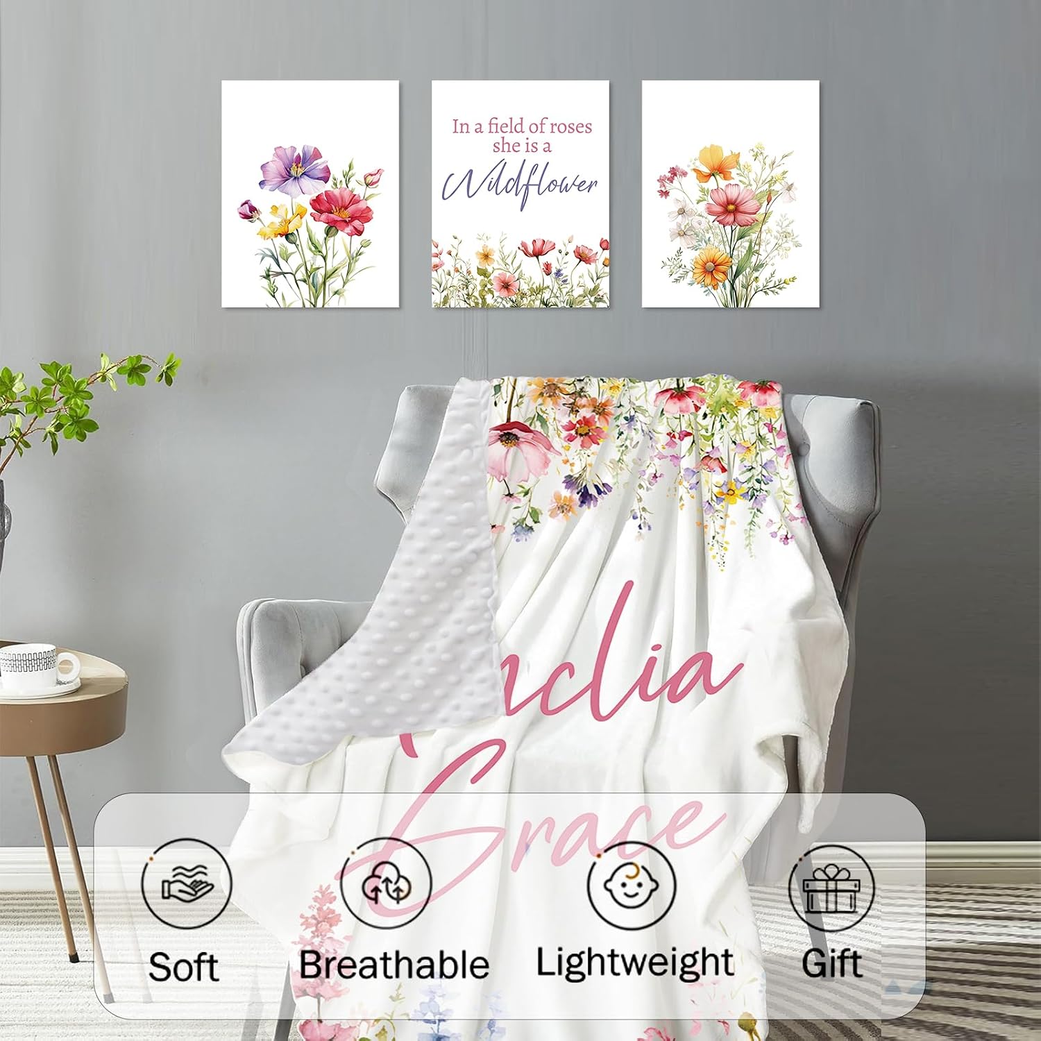 Personalized Baby Crib Bedding Set, Custom Name Colorful Flowers Design Nursery Bed Set 4 Piece, Baby Blanket Fitted Sheet Nursery Rug Wall Art Set, Custom Room Decor Idea Gift for Newborns Girls