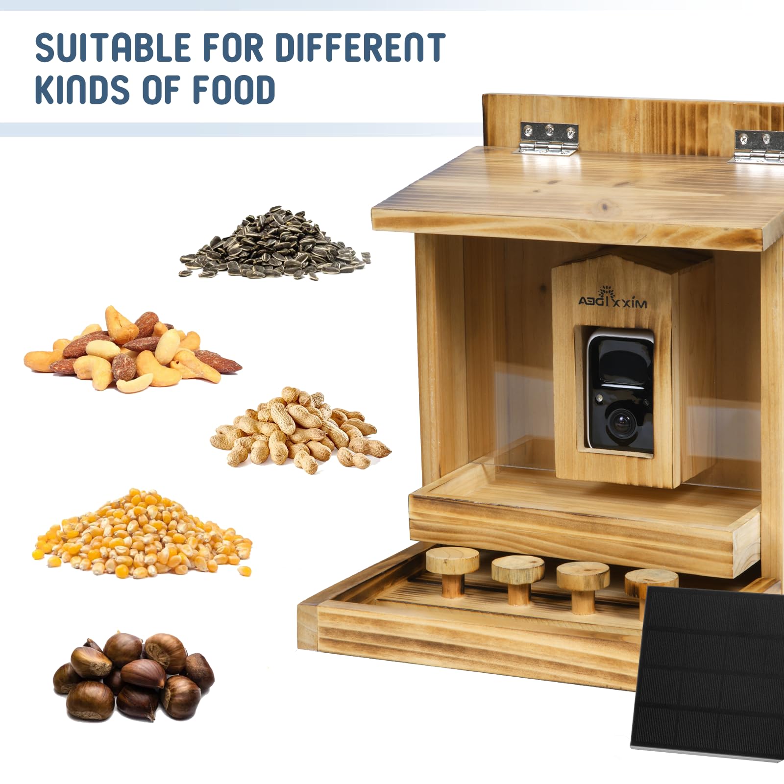 MIXXIDEA Eichhörnchen-Futterspender aus Holz mit Kamera, Smart Eichhörnchen Feeder mit Solarpanel, KI-Identifikation, 2K HD+ Video, Cloud-Speicher, große Kapazität, ideal für Eichhörnchenliebhaber