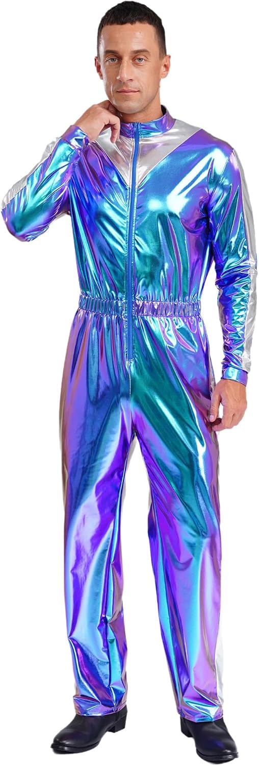 dPois Men Sparkly Shiny Jumpsuit Long Sleeves Color Block Bodysuit Casual Clothes Party Club Wear