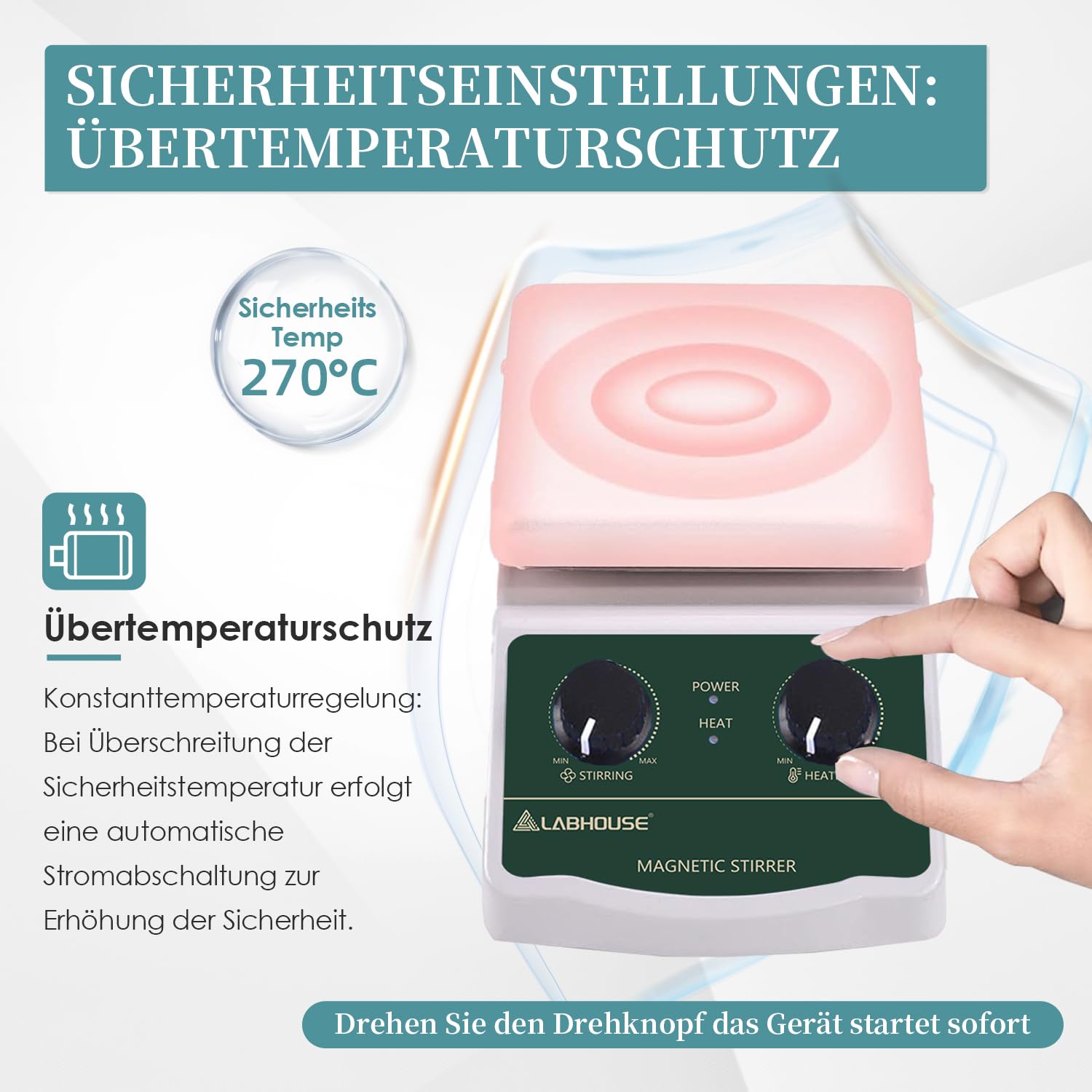 Magnetrührer Heizplatte, 300°C/572°F, 2000RPM, 2l | Platte bis 300°C, 4 PTFE-Rührstäbe & Sammler, Ständer, variabel, für Labor-Heizung & Mischung