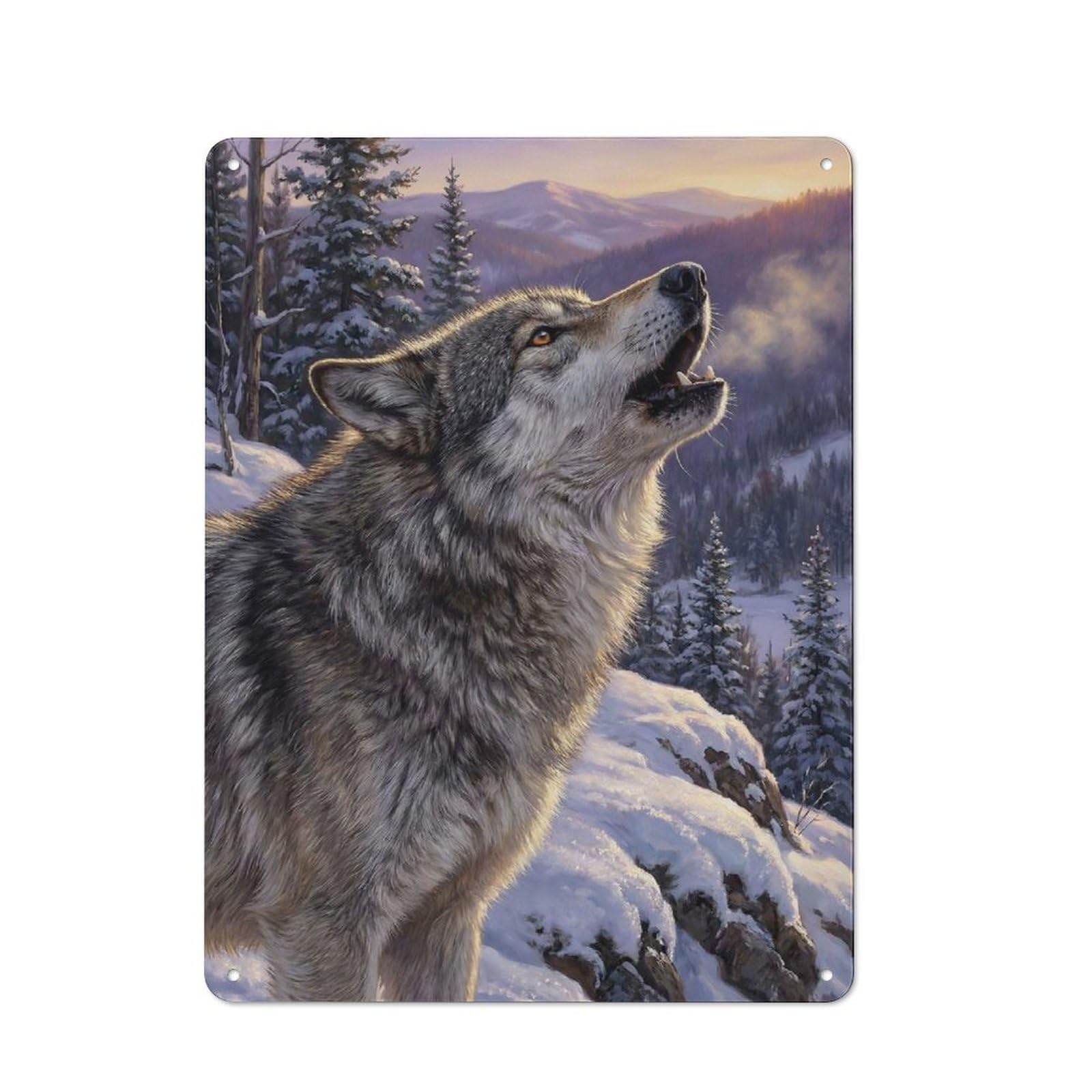 Rustic Howling Wolf in Winter Landscape Tin Wall Plaque 40x30cm, Rustic Kitchen Decor for Cottage, Kitchen, Hallway Or Breakfast Nook