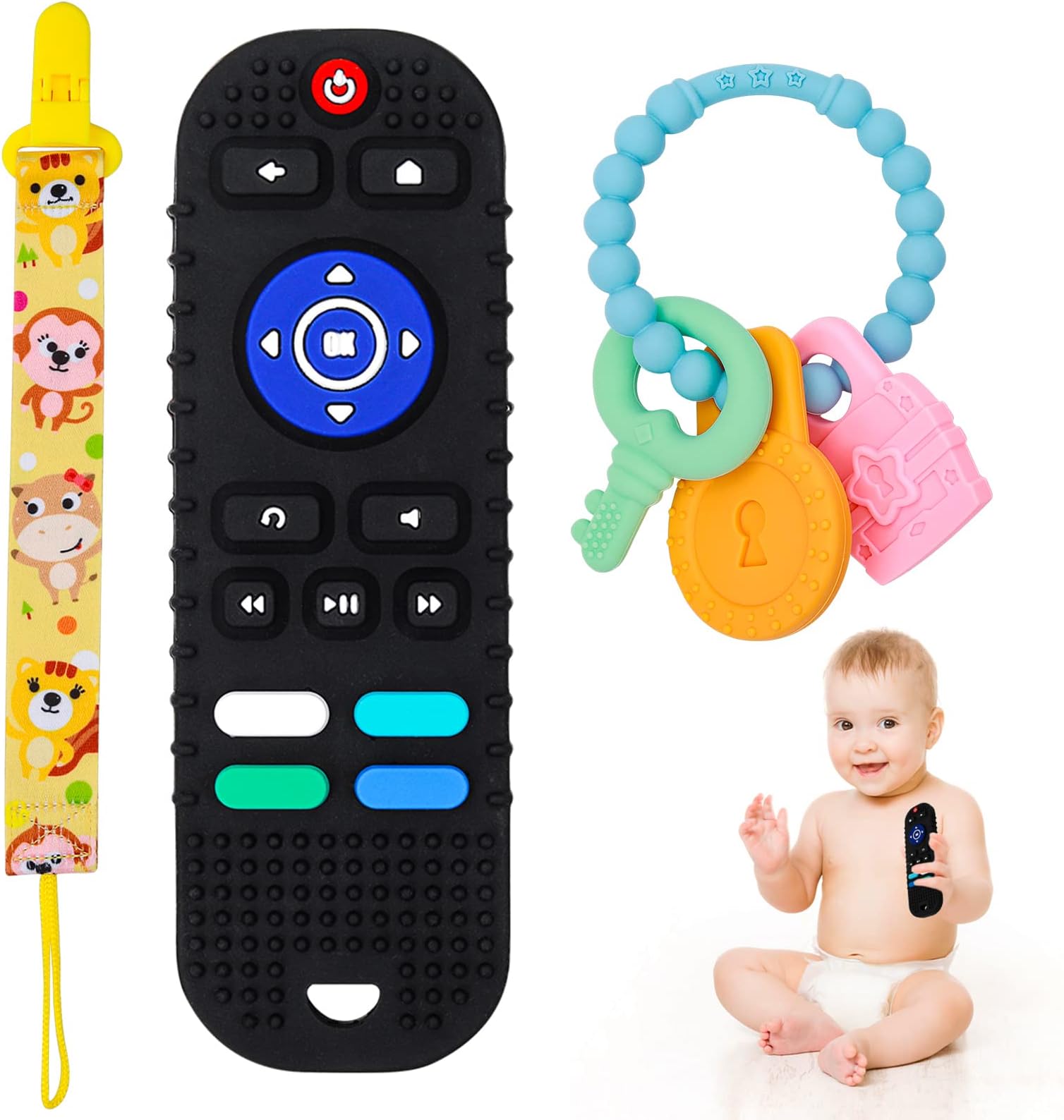 Baby Teether Toys, iselyn 3 Pcs/Set Teething Toys for Babies 0-6 6-12 Months Soft Silicone Remote Control Shape Toy Sets with Teether Rings- Easy to Hold Teething Relief Soothe Chew Toys