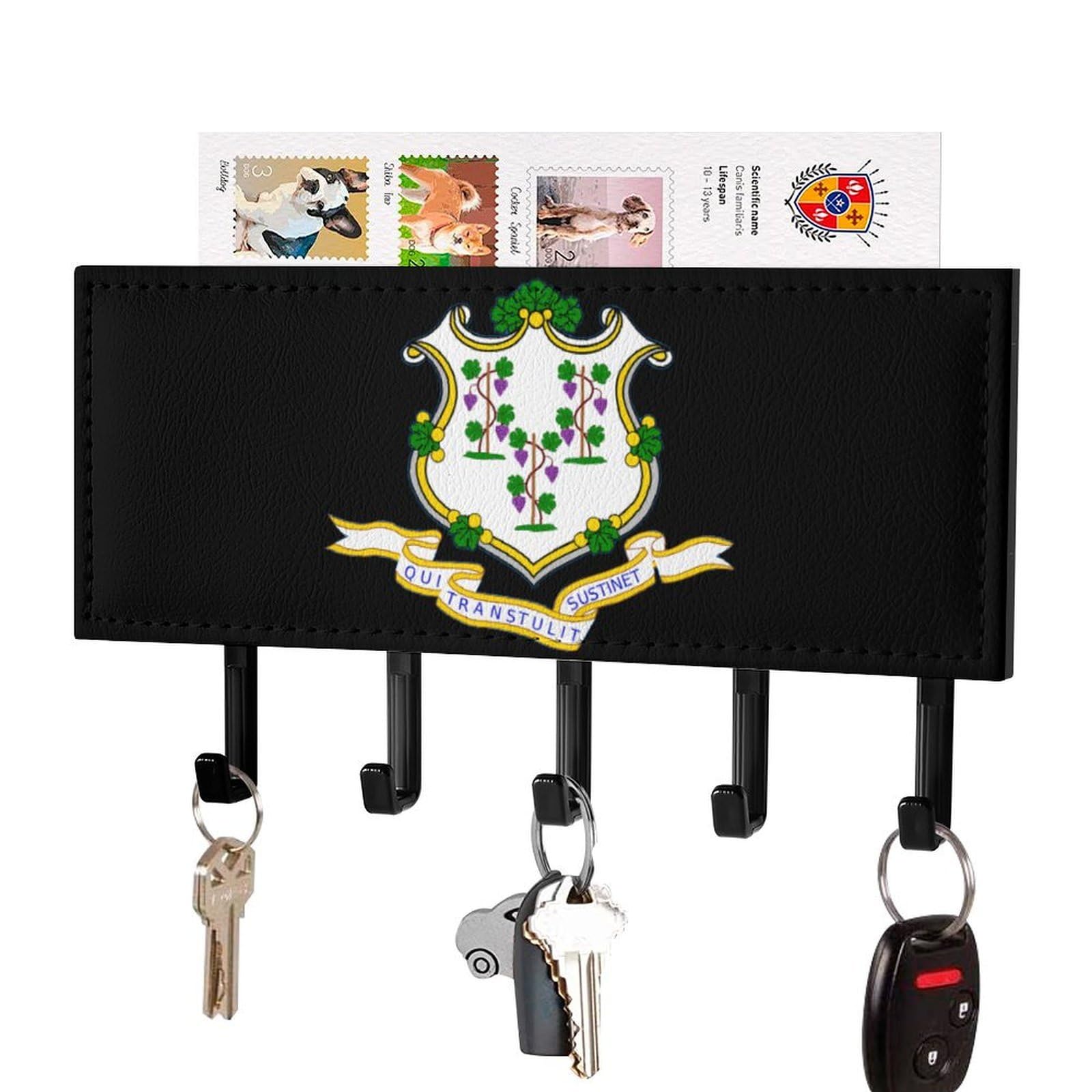 NCLQVJXZKHW Connecticut Flag Key Holder with 5 Hooks Key Hooks Wall Mounted Key Racks Key Hanger Organiser Shelf