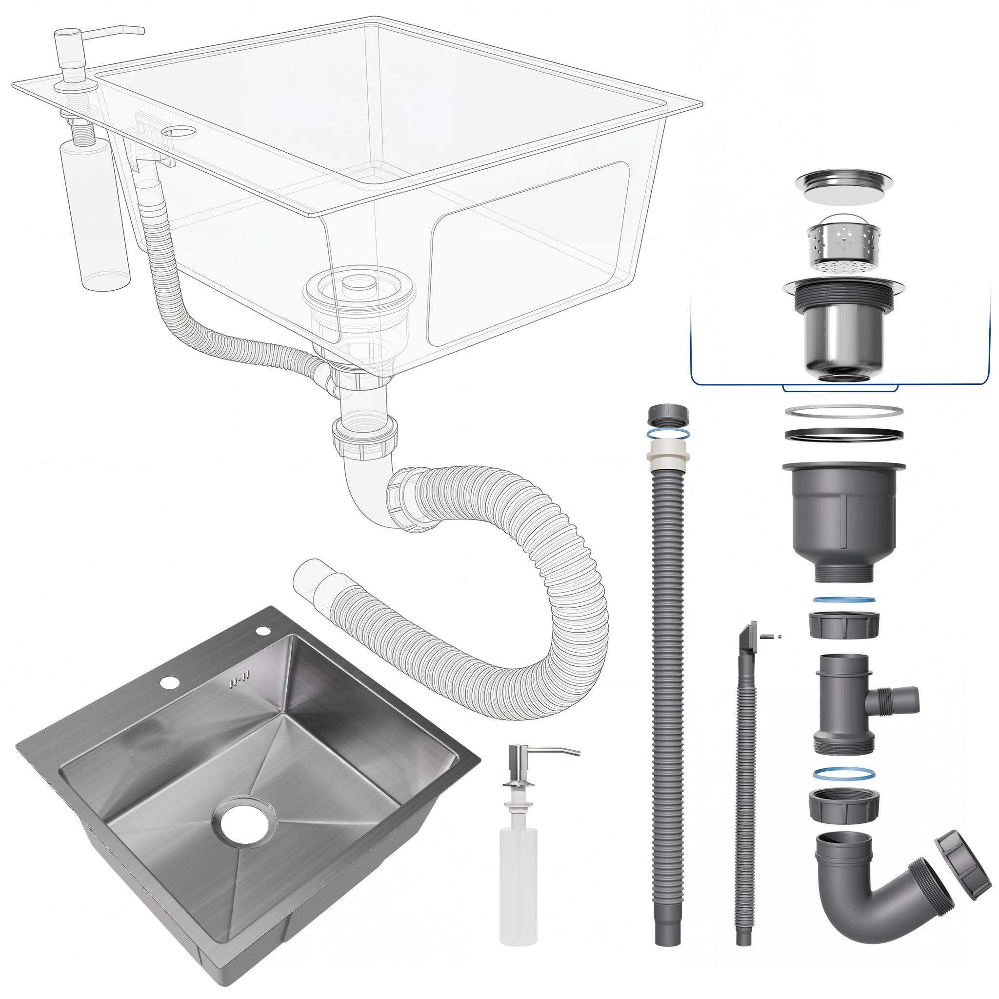 Fregadero Cocina 50x45 cm, STANEW Fregadero Cocina 1 Seno,Fregadero Inox con Dispensador de Jabón y Sifón，Sobre Encimera,Adecuado para Cocinas Pequeñas y Autocaravanas.
