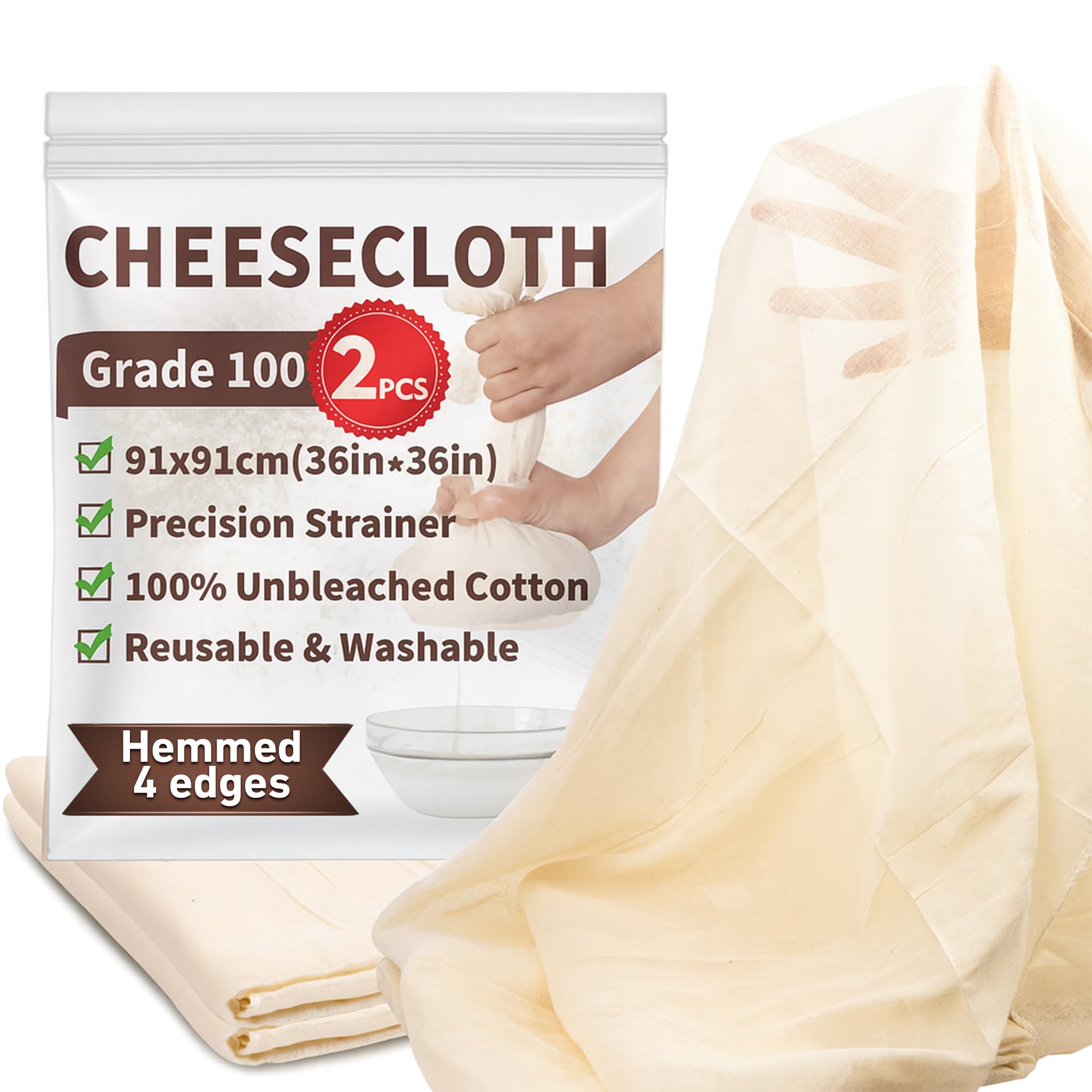 TOPULORS 2-Pack Cheesecloth, 36x36 Inch Precut & Hemmed All Edges, Grade 100 Ultra Fine Unbleached Cotton - Reusable Organic Cloth for Cheese Making, Nut Milk, Yogurt, Straining, Juicing, Filtering