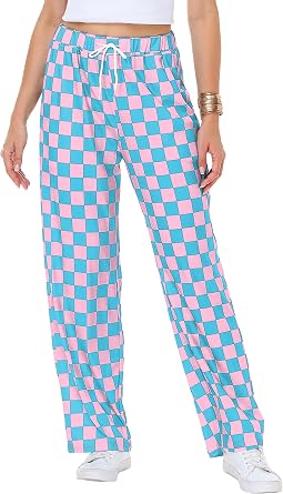 Remimi Womens Checkered Pants Casual Loose Wide Leg Sweatpants with Pockets
