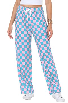Remimi Womens Checkered Pants Casual Loose Wide Leg Sweatpants with Pockets