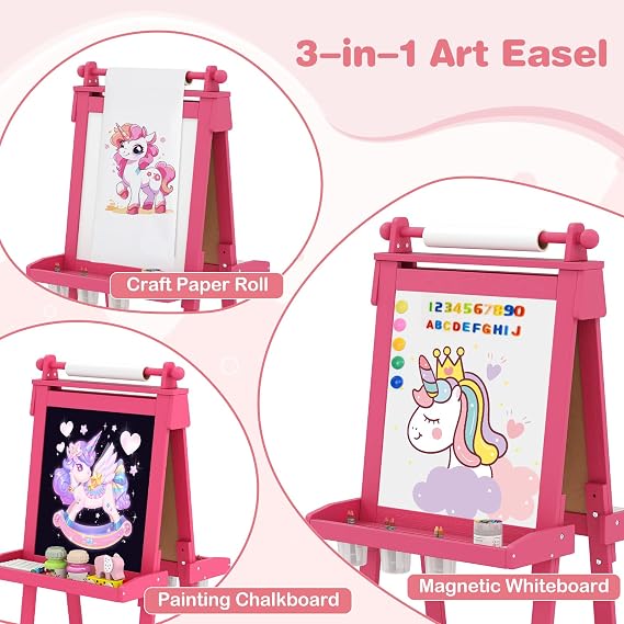 OLAKIDS Easel for Kids, 3 in 1 Adjustable Painting Art Board, Foldable Double-Sided Wooden Drawing Chalkboard Magnetic Whiteboard with Paper Roll, Storage Rack, Cups for Boy Girls (Pink)