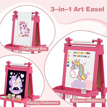 OLAKIDS Easel for Kids, 3 in 1 Adjustable Painting Art Board, Foldable Double-Sided Wooden Drawing Chalkboard Magnetic Whiteboard with Paper Roll, Storage Rack, Cups for Boy Girls (Pink)
