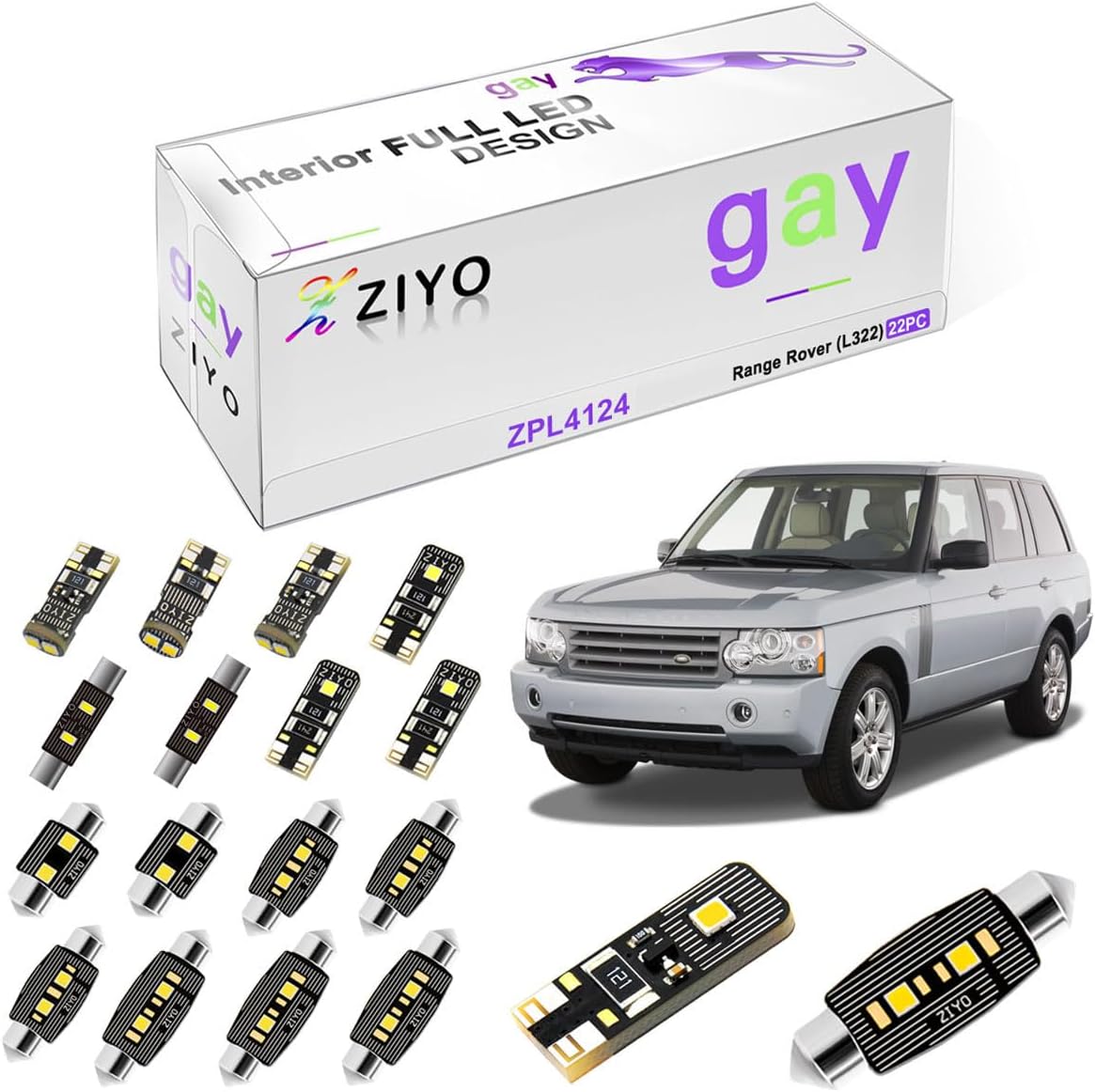 ZIYO ZPL4124 - (22 Bulbs) LED Interior Light Kit Replacement for Land Rover Range Rover L322 2003-2012, 6000K Xenon White Dome Light Bulbs Upgrade Error Free
