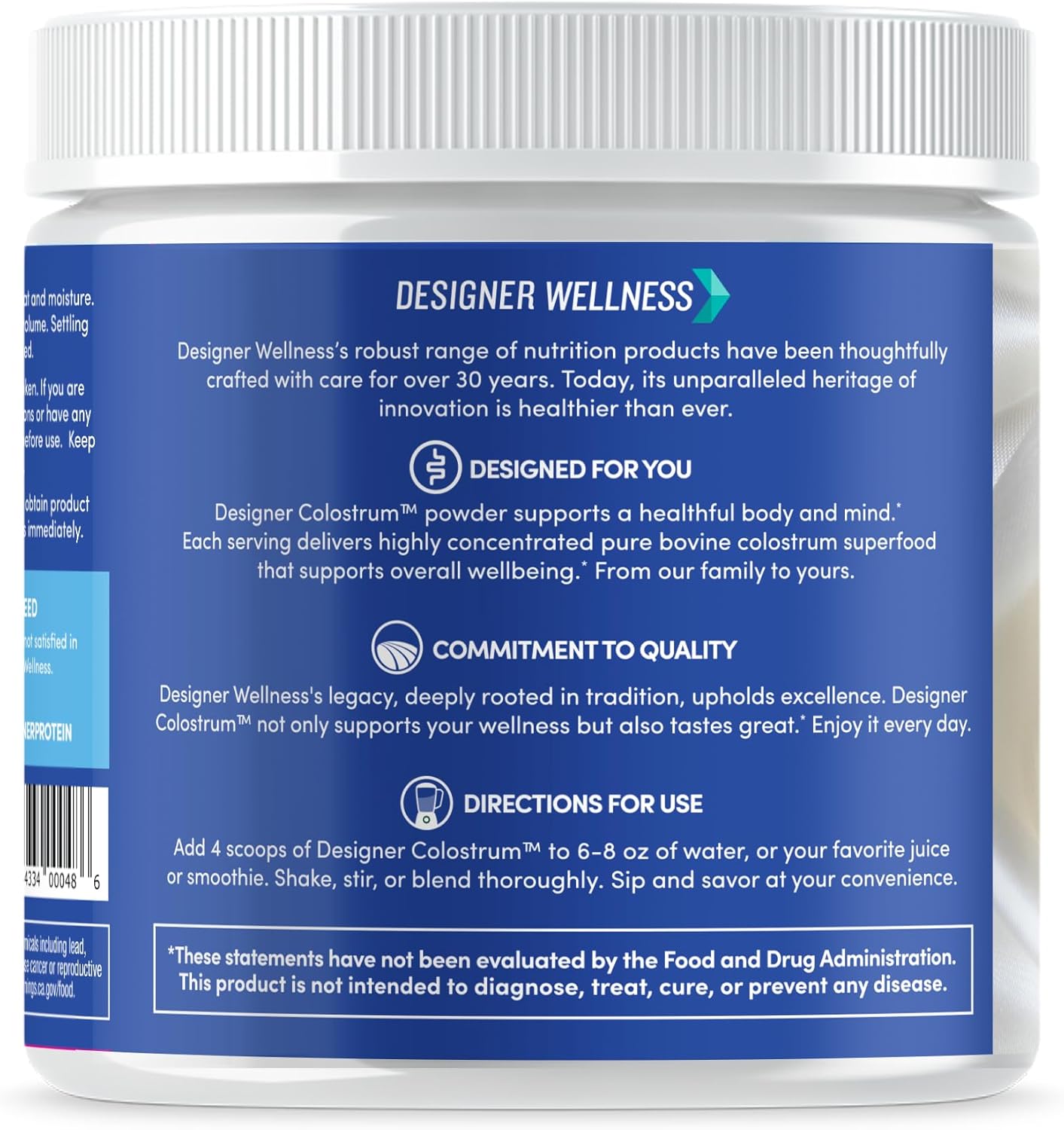 Designer Wellness, Pure Bovine Colostrum Superfood Powder, Gut Health & Bloating, Immune Support, Skin & Hair, Gluten & Fat-Free, Unflavored, 30 Servings